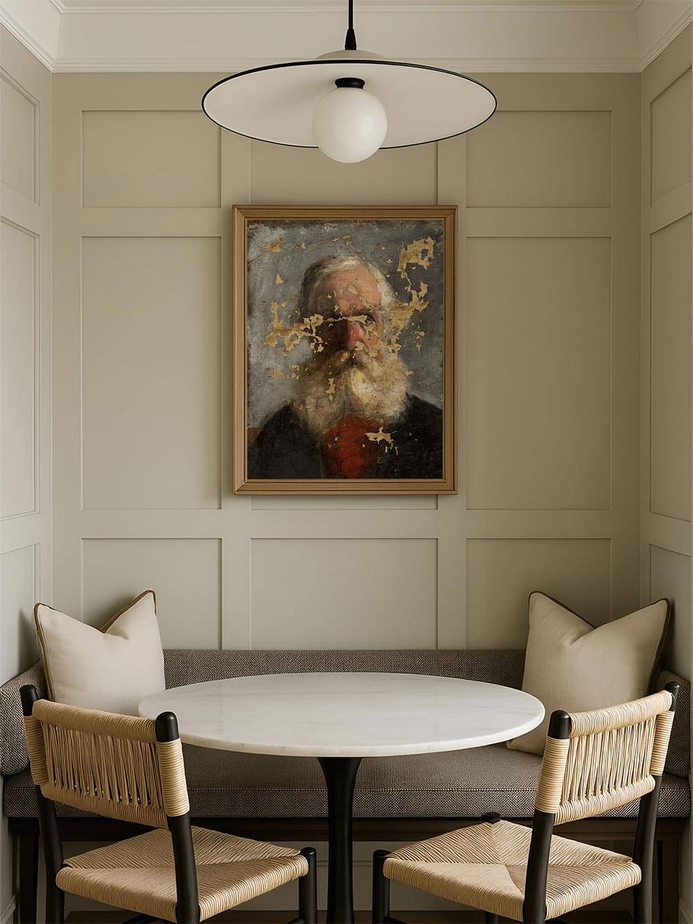 Antikes Männerporträt in hellem Holzrahmen über einer Sitznische mit Marmortisch. Der Kunstdruck schafft eine harmonische Balance zwischen klassischer Kunst und modernem Interior Design.