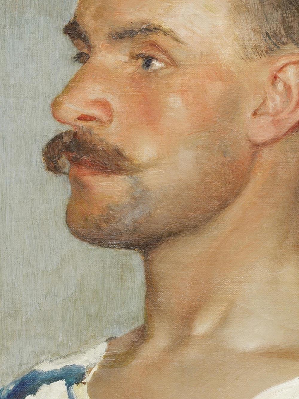 Nahaufnahme des Männergesichts mit feiner Hautzeichnung und warmer Farbpalette. Die Pinselstruktur ist deutlich sichtbar und lässt das Gemälde lebendig wirken.