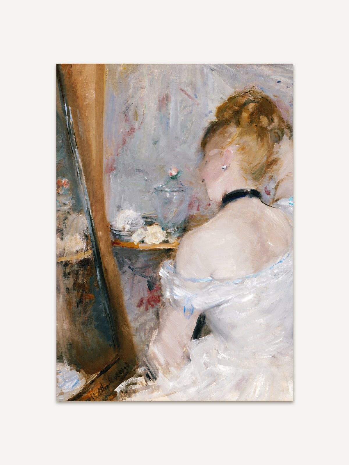 Impressionistisches Frauenporträt in zarten Pastelltönen zeigt eine Frau in weißem Kleid vor dem Spiegel. Sanfte Pinselstriche und weiche Lichtreflexe verleihen diesem Kunstdruck eine elegante, feminine Ausstrahlung. #Rahmen_Ohne Rahmen