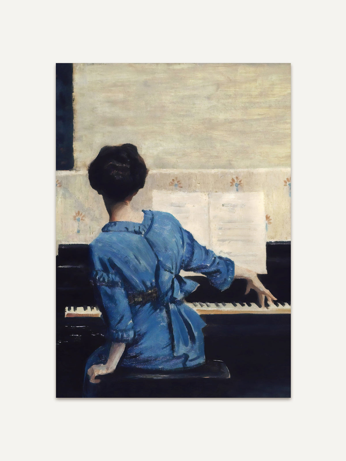 Vintage-Porträt einer Frau in blauem Kleid am Klavier, realistisch gemalt mit sanften Lichtreflexen und ruhiger Atmosphäre. Zeitloser Kunstdruck in klassischer Farbpalette für elegante Wohnräume. #Rahmen_Ohne Rahmen