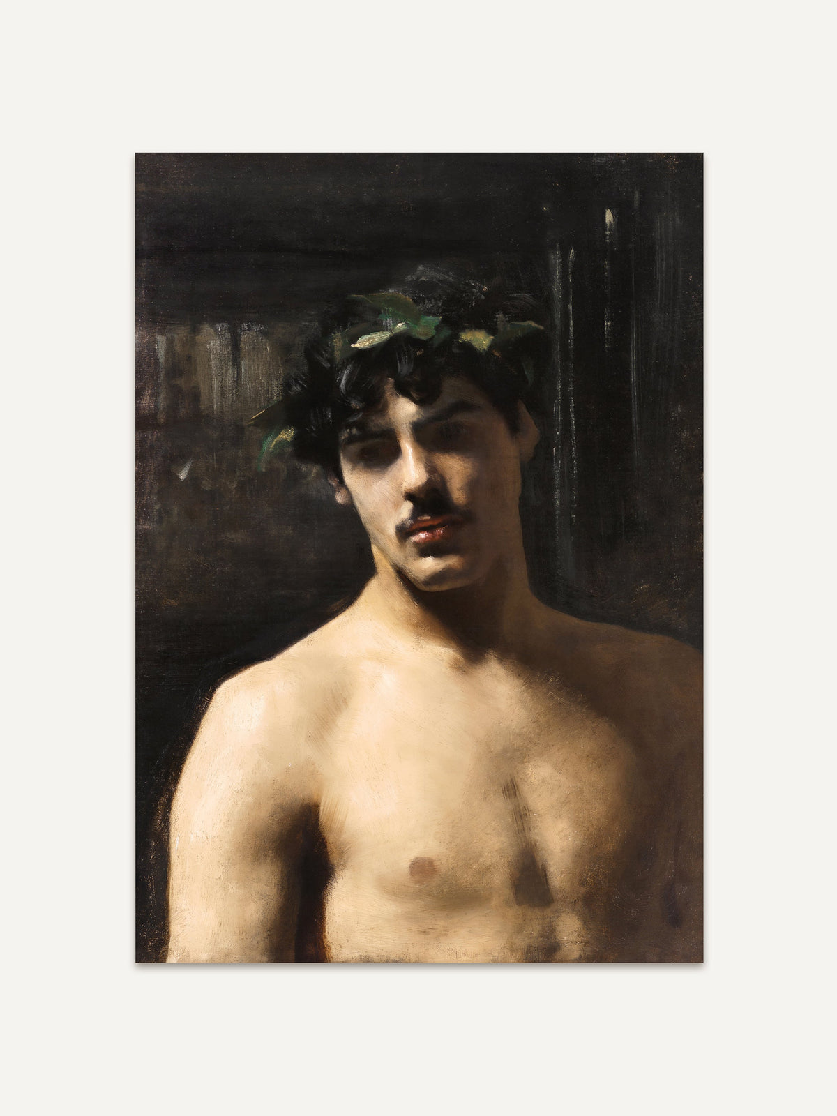 Stimmungsvolles Porträt eines jungen Mannes mit Lorbeerkranz auf dunklem Hintergrund. Die realistische Malerei betont sein nachdenkliches Gesicht, weiche Schatten und warme Hauttöne. Klassische Kunst als stilvolle Wanddekoration im Vintage-Stil. #Rahmen_Ohne Rahmen