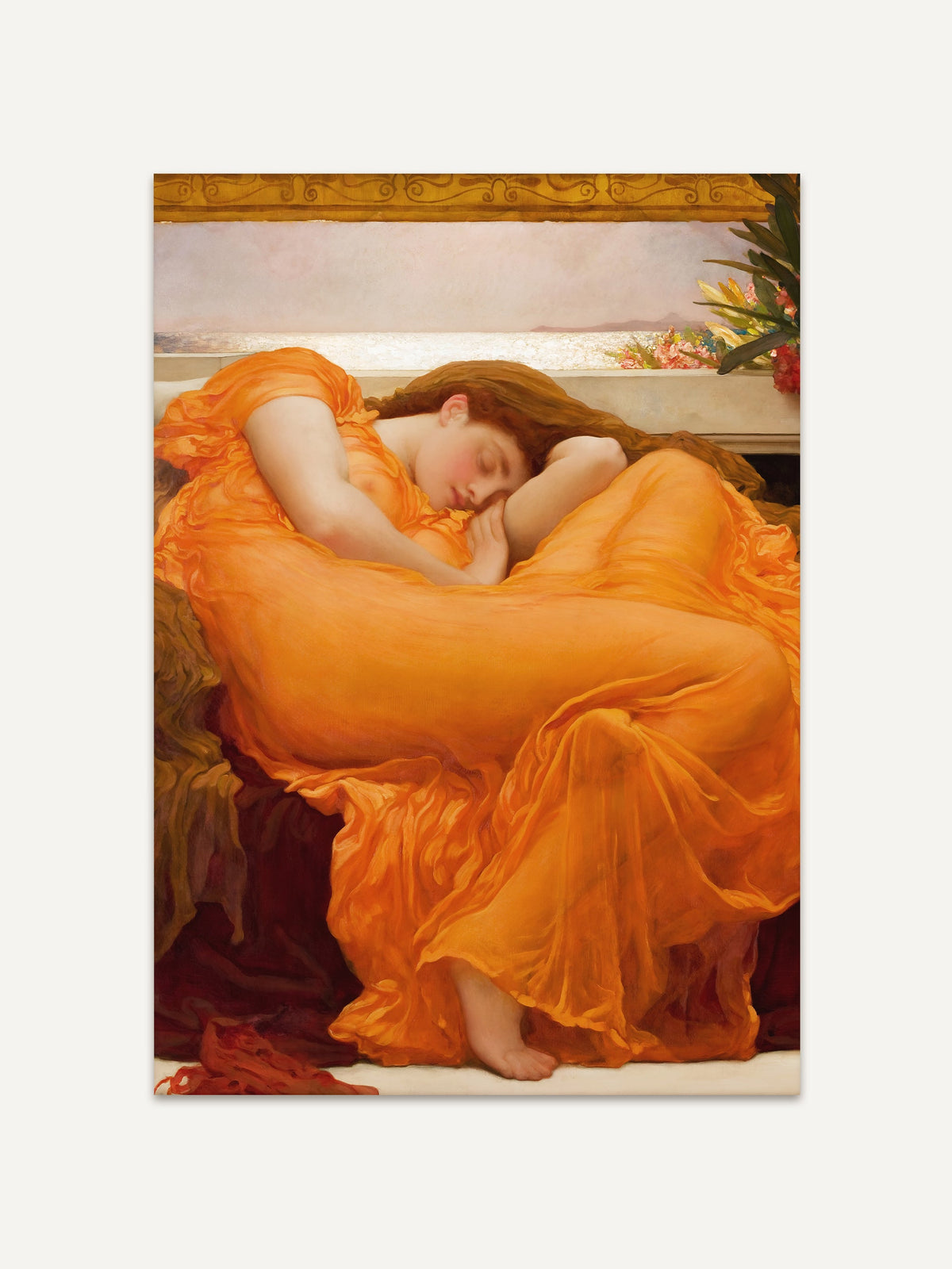 Kunstvoller Kunstdruck einer schlafenden Frau in einem leichten, orangefarbenen Gewand. Fein ausgearbeitete Drapierung, helle Farben und viktorianischer Stil wirken träumerisch und beruhigend. #Rahmen_Ohne Rahmen