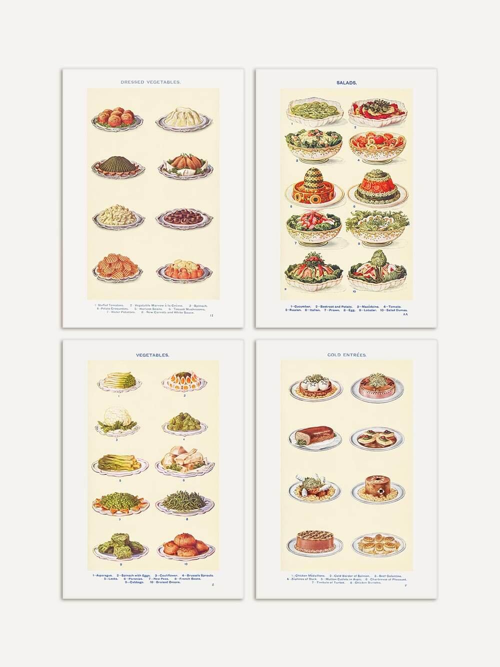 Ein Set aus vier Kunstdrucken mit detaillierten Darstellungen von Salaten, Gemüsegerichten und kalten Vorspeisen. Die weichen Beigetöne und feinen Illustrationen erinnern an klassische Kochbücher des frühen 20. Jahrhunderts. Perfekt als stilvolle Wanddekoration für Küche oder Esszimmer.