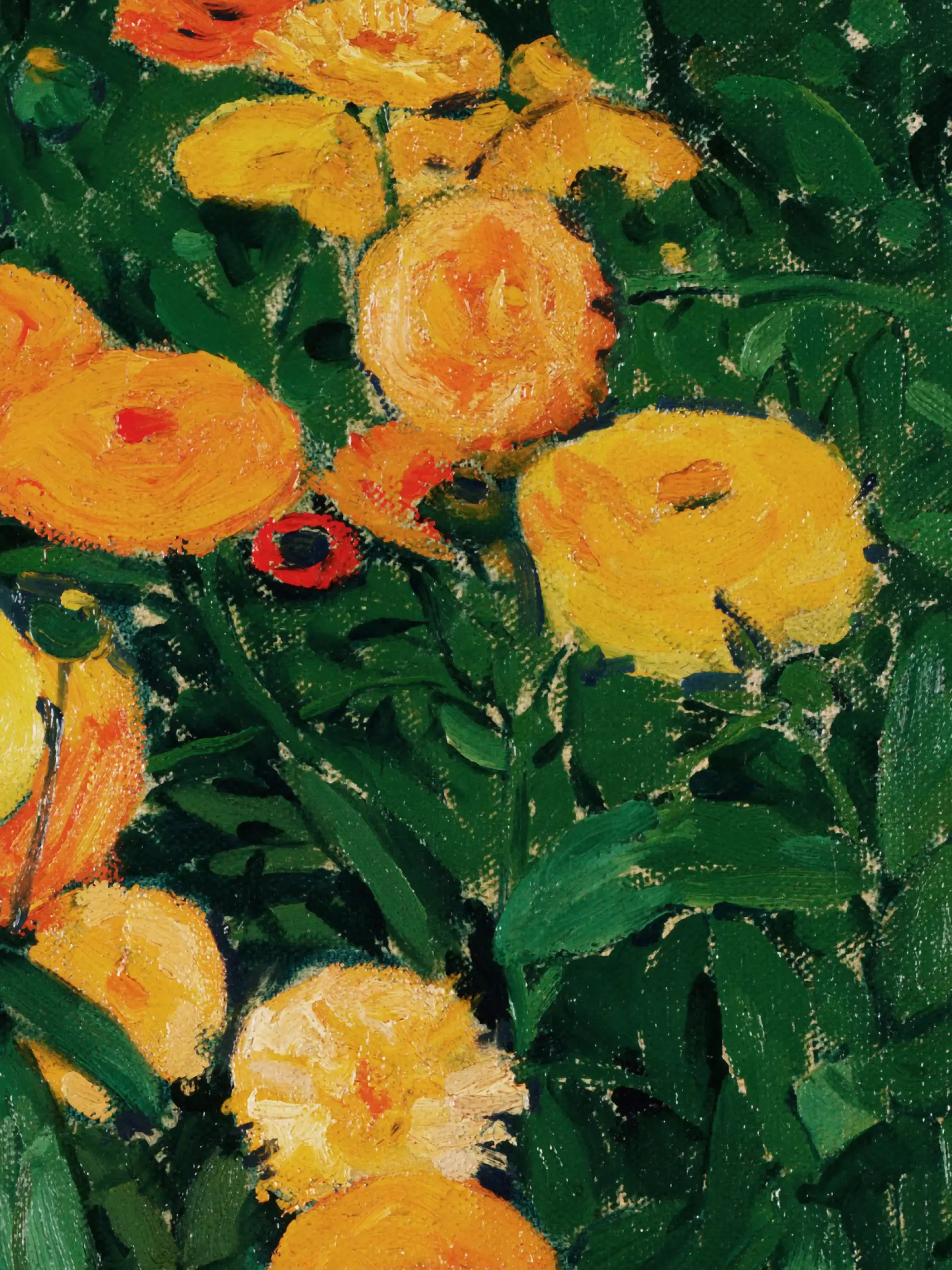Nahaufnahme der gemalten Ringelblumen mit kräftigen Pinselspuren in Gelb, Orange und Dunkelgrün. Die sichtbare Textur und der malerische Farbauftrag betonen den Charakter des Kunstdrucks im expressiven, floralen Stil.