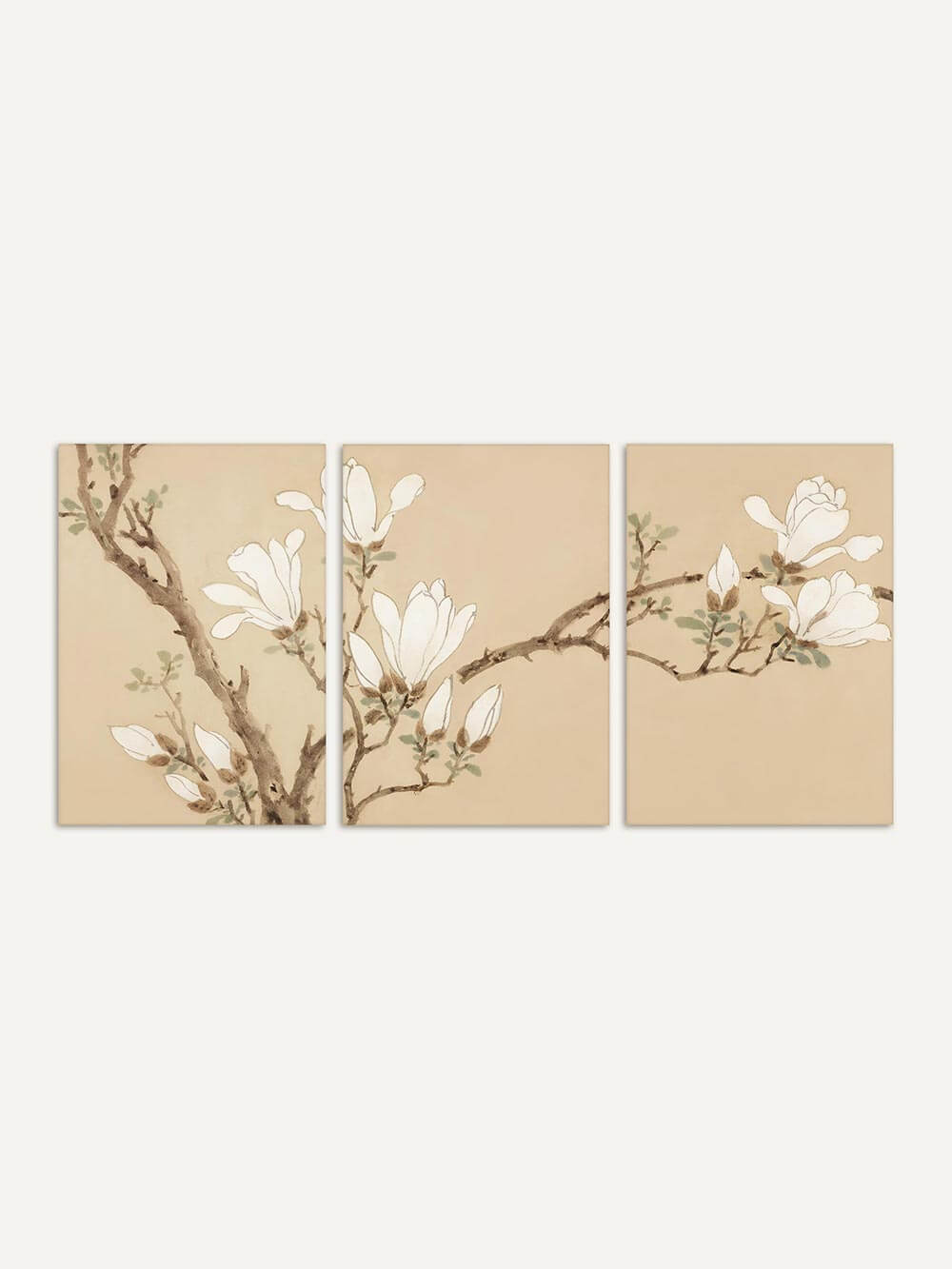 Minimalistisches Triptychon mit zarten weißen Magnolien auf beige-braunem Hintergrund, inspiriert von Japandi-Ästhetik. Die kunstvolle Darstellung natürlicher Blüten vermittelt Ruhe und Eleganz.