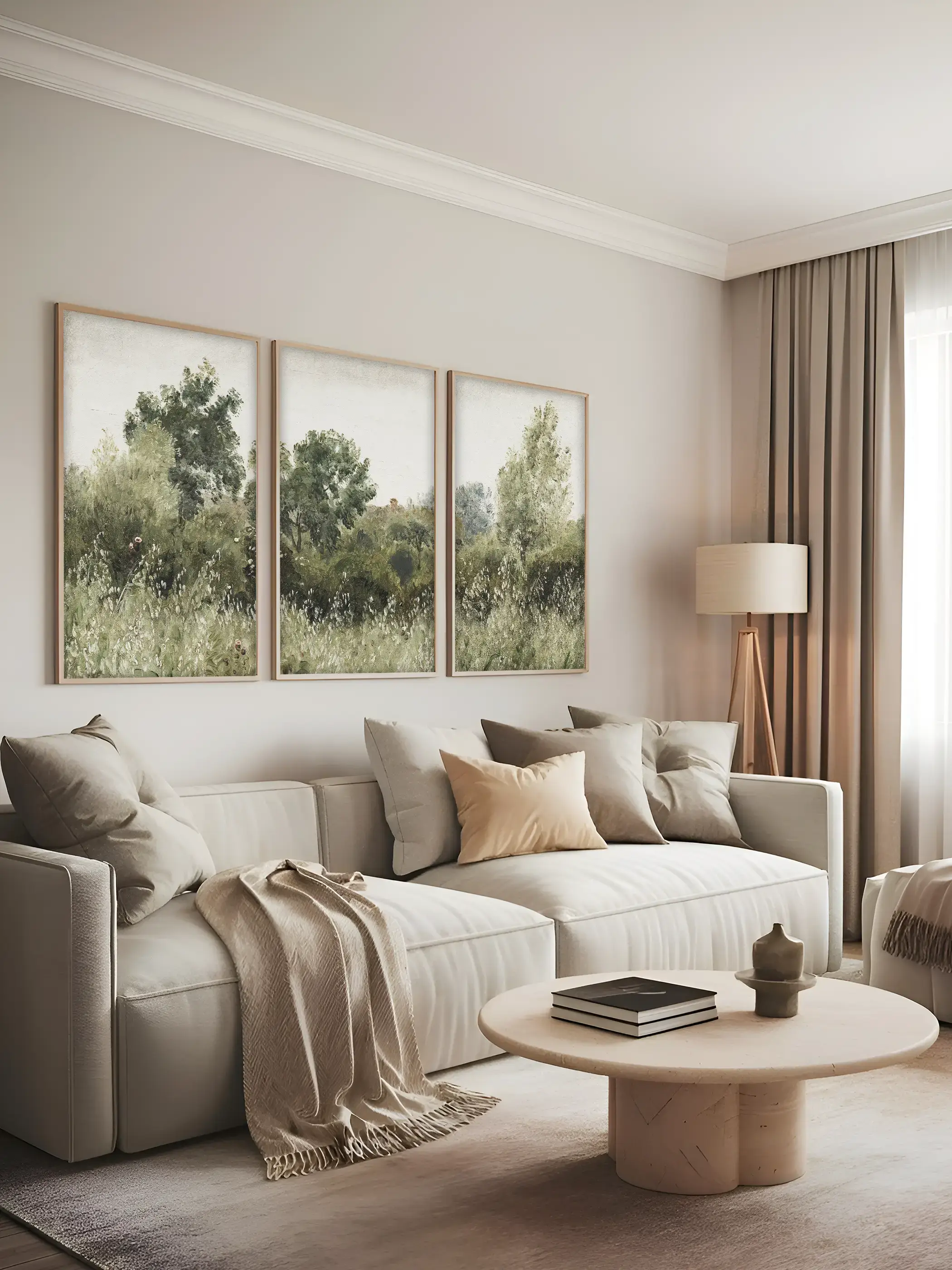 Dreiteiliges Kunstdruckset mit impressionistischer Landschaft in weichen Grün- und Beigetönen hängen über einem Sofa. Das Triptychon verleiht dem Wohnzimmer eine ruhige, elegante Note und ergänzt modernes, natürliches Interior.
