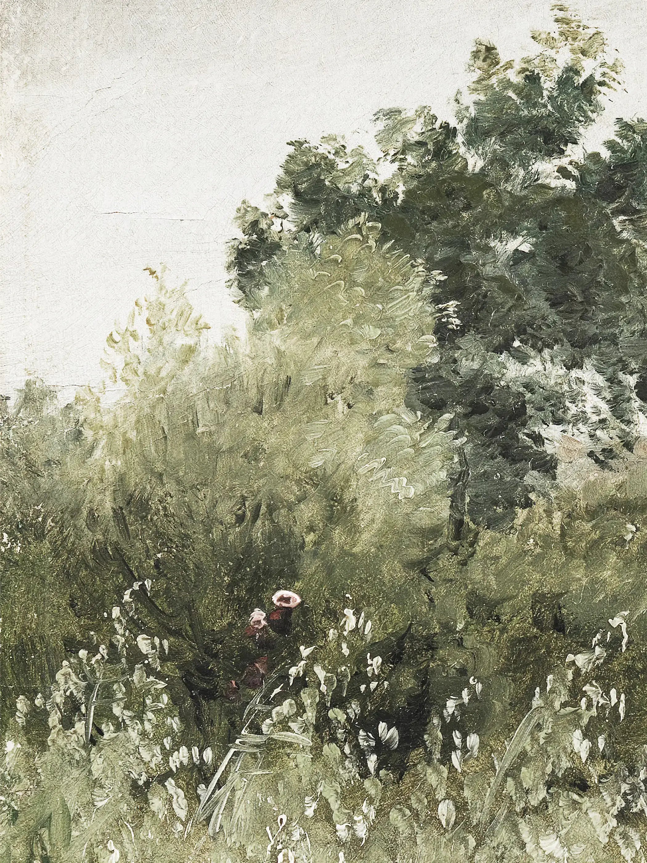 Nahaufnahme eines Landschafts-Kunstdrucks mit sichtbaren Pinselstrukturen und feinen Übergängen in Grün und Beige. Die malerische Textur und lockere Pinselführung betonen den impressionistischen Charakter des Wandbilds.