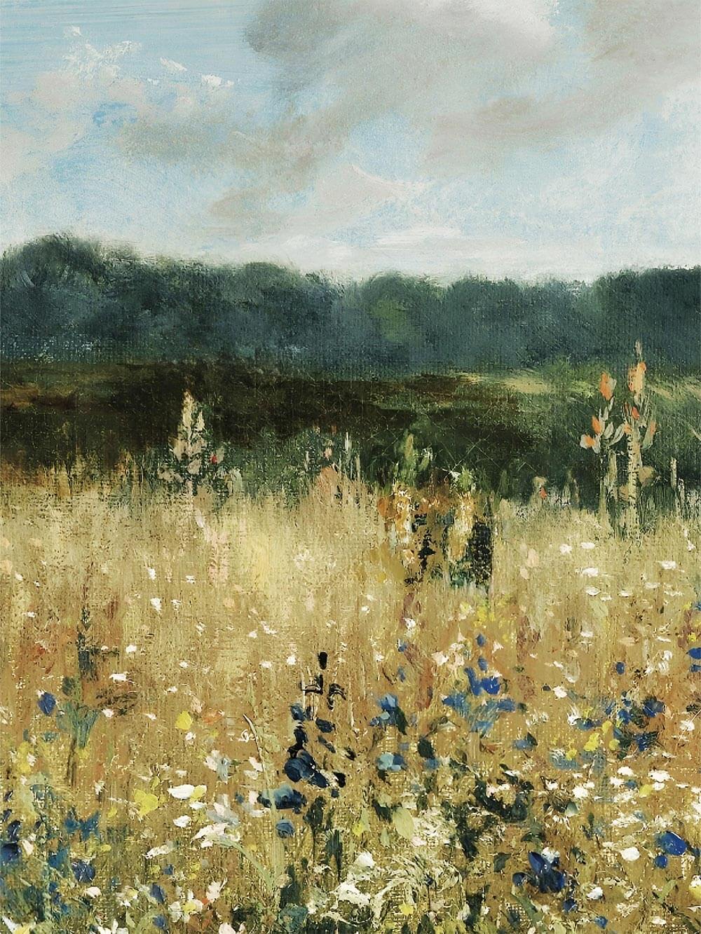 Nahaufnahme des Kunstdrucks zeigt fein gemalte Blumen in Gelb, Weiß und Blau vor einer weiten Landschaft. Die Malstruktur und Pinseltechnik sind deutlich sichtbar.