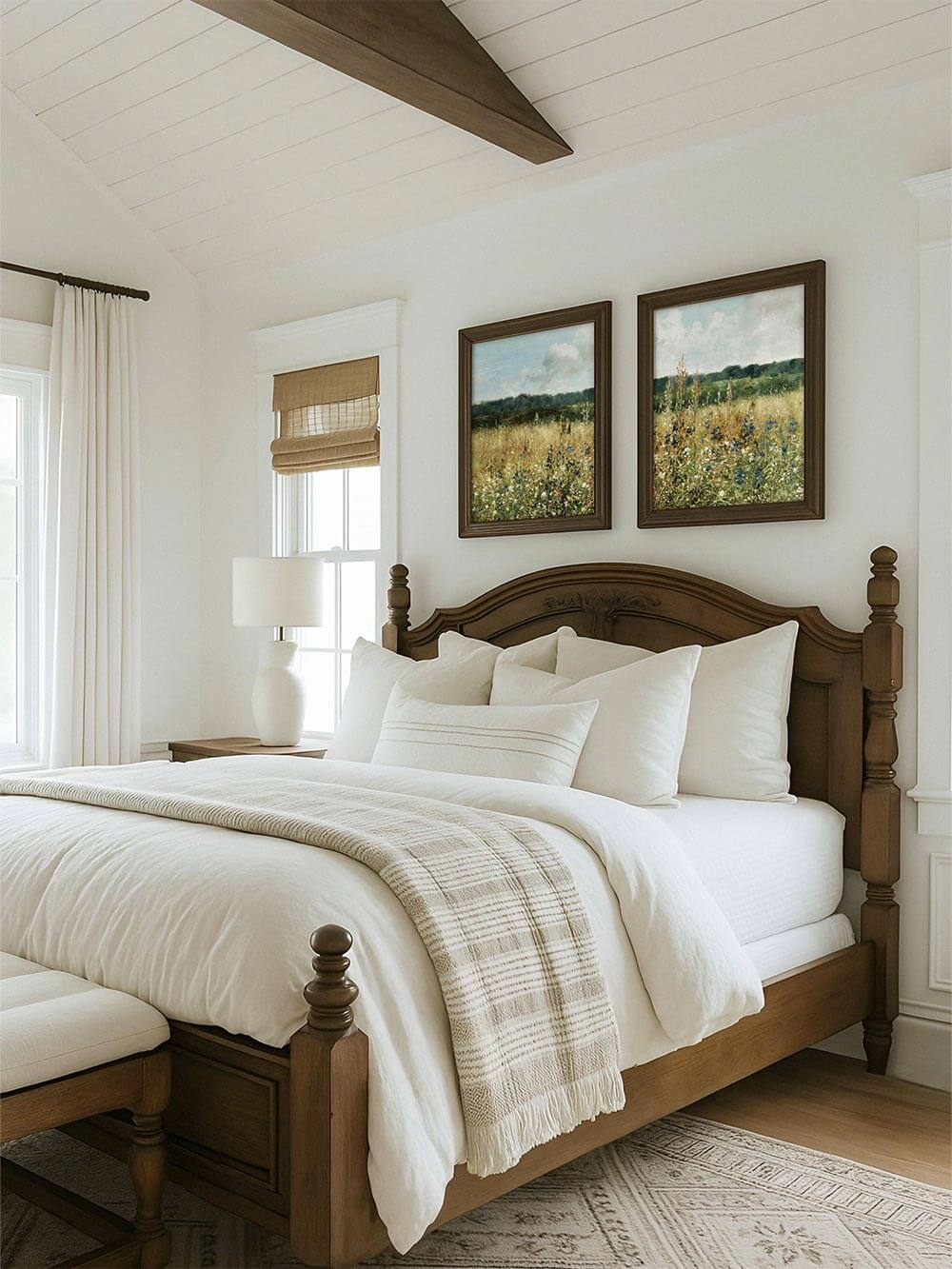 Das Wiesen-Kunstdruck-Set hängt über einem Holzrahmenbett in einem hellen Schlafzimmer. Die florale Szenerie fügt sich sanft in das warme Farbkonzept ein.
