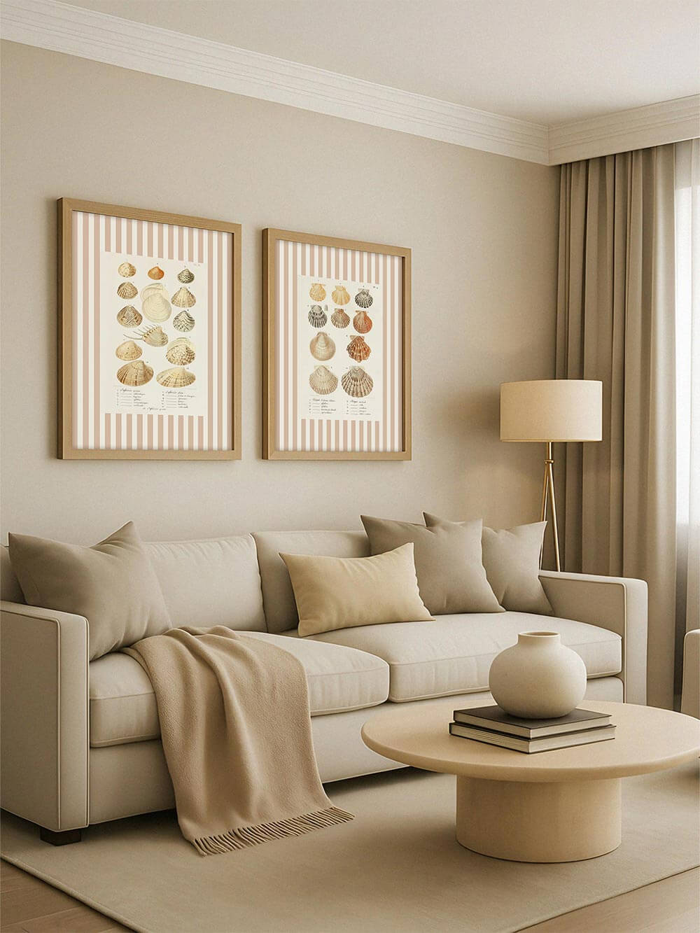 Zwei Vintage-Muscheldrucke in zarten Naturtönen hängen über einem beigen Sofa. Die botanischen Illustrationen ergänzen die ruhige, minimalistische Einrichtung.