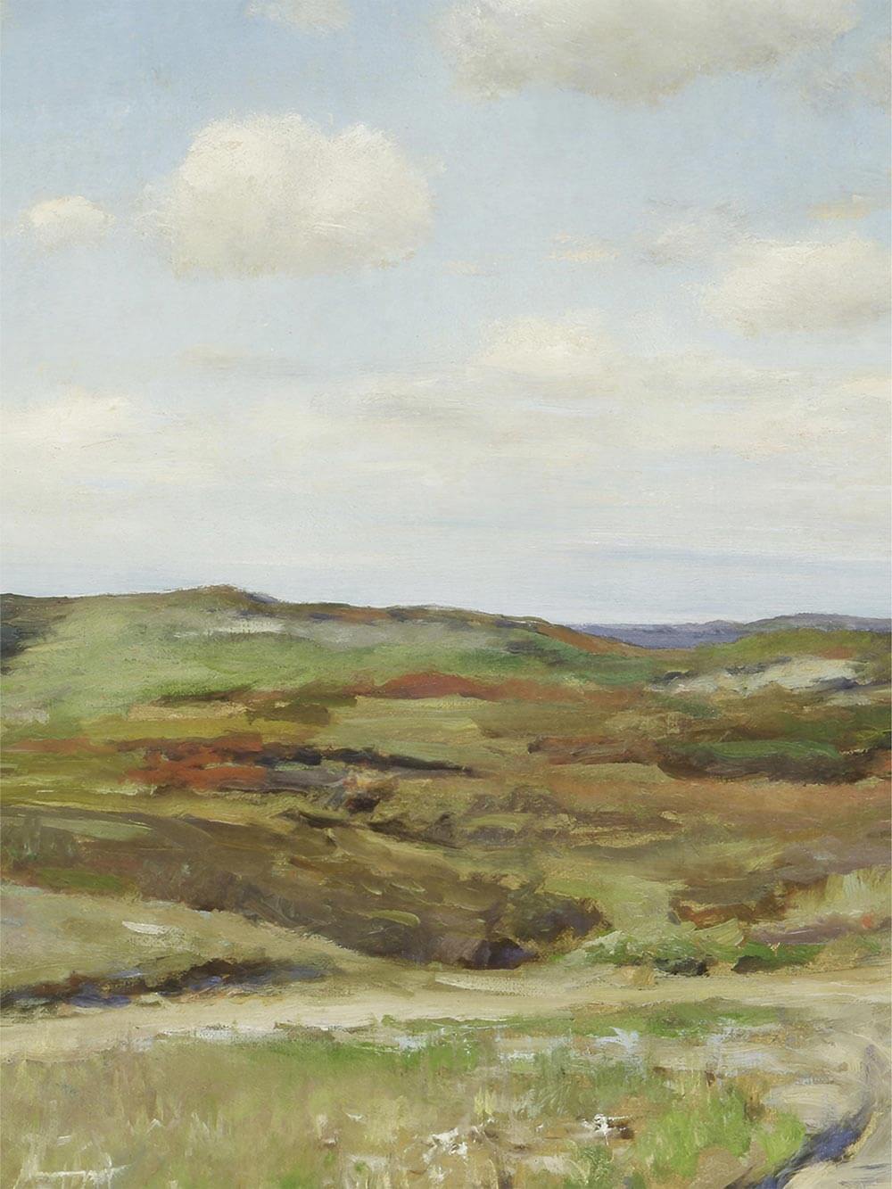 Nahaufnahme des Kunstdrucks mit feinen Pinselstrukturen und subtilen Farbverläufen in Grün, Ocker und Blau. Die sanfte Malweise und matte Oberfläche betonen den authentischen Charakter der Landschaftsdarstellung.
