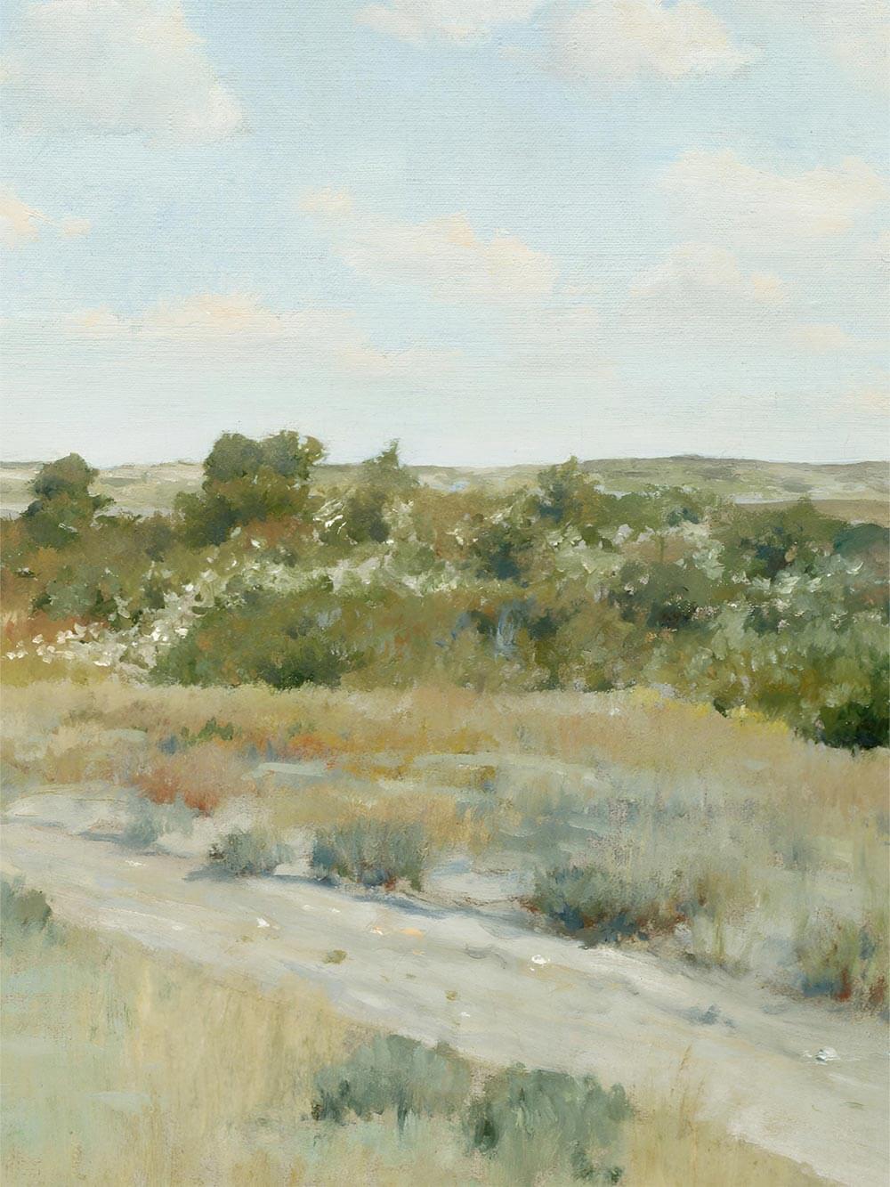 Nahaufnahme des Landschaftsdrucks mit weichem Pinselauftrag, zarten Wolken und Grüntönen. Die feine Struktur und natürliche Farbigkeit betonen die ruhige, authentische Anmutung des Kunstdrucks.