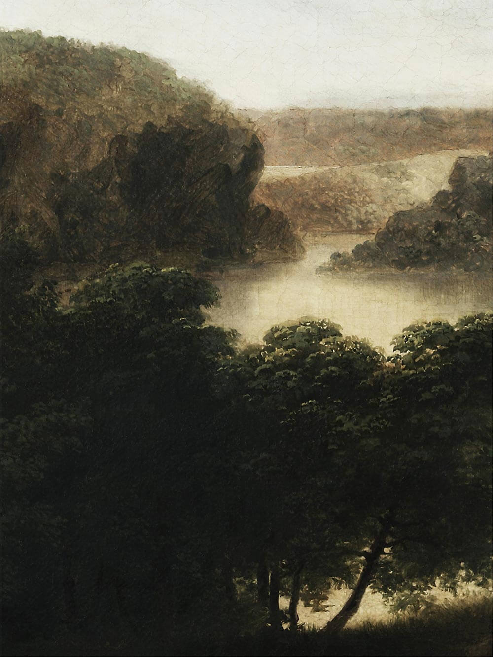 Nahaufnahme der gemalten Landschaft mit dichtem Blattwerk, ruhigem Wasserlauf und feiner Pinselstruktur, die Tiefe und Textur zeigt und die hochwertige Anmutung des Kunstdrucks sowie den klassischen Landschaftsstil betont.