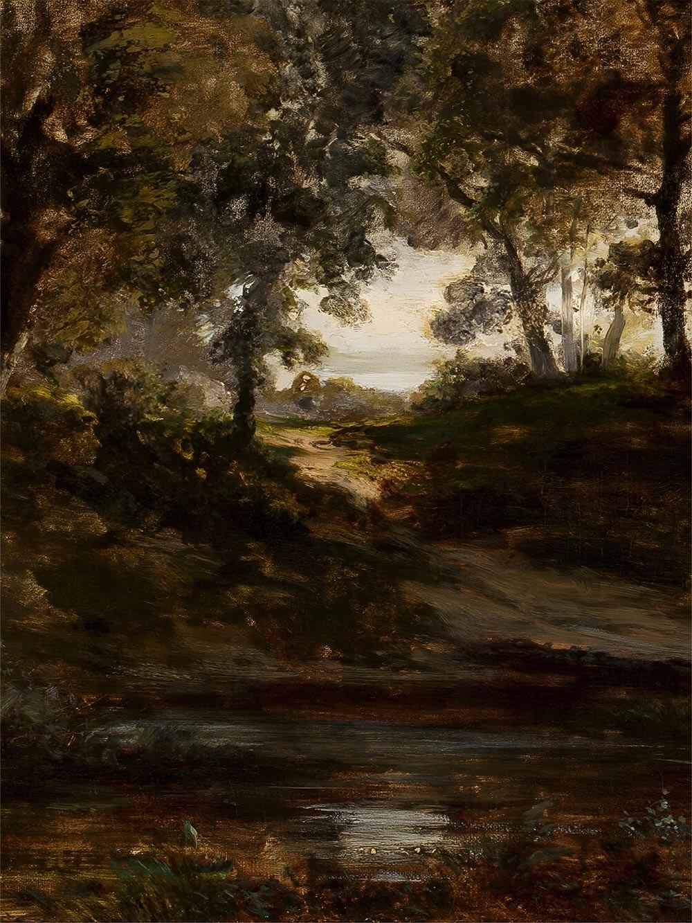 Nahaufnahme eines einzelnen Motivs mit dichter Baumgruppe, reflektierendem Wasserlauf und sichtbarer malerischer Textur. Die weichen Übergänge und gedeckten Farben betonen den historischen Charakter des Kunstdrucks und verleihen dem Wandbild eine atmosphärische Tiefe.