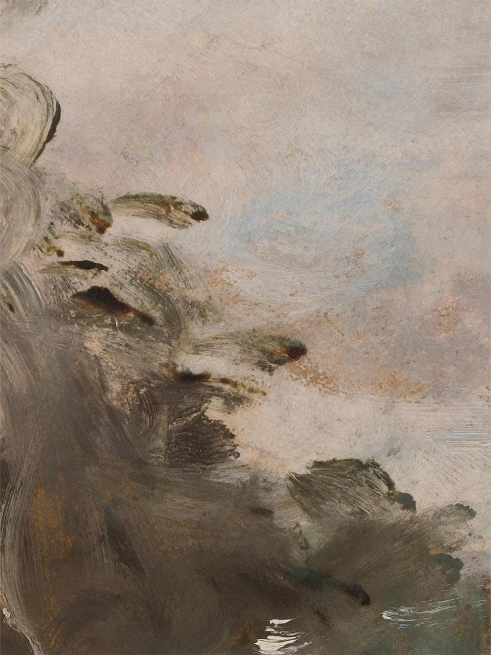 Nahaufnahme der malerischen Oberfläche mit sichtbaren Pinselstrukturen in weichen Grün-, Grau- und Sandtönen. Die feine Textur und der abstrakte Landschaftsstil unterstreichen die hochwertige Anmutung des Kunstdrucks und die künstlerische Tiefe.