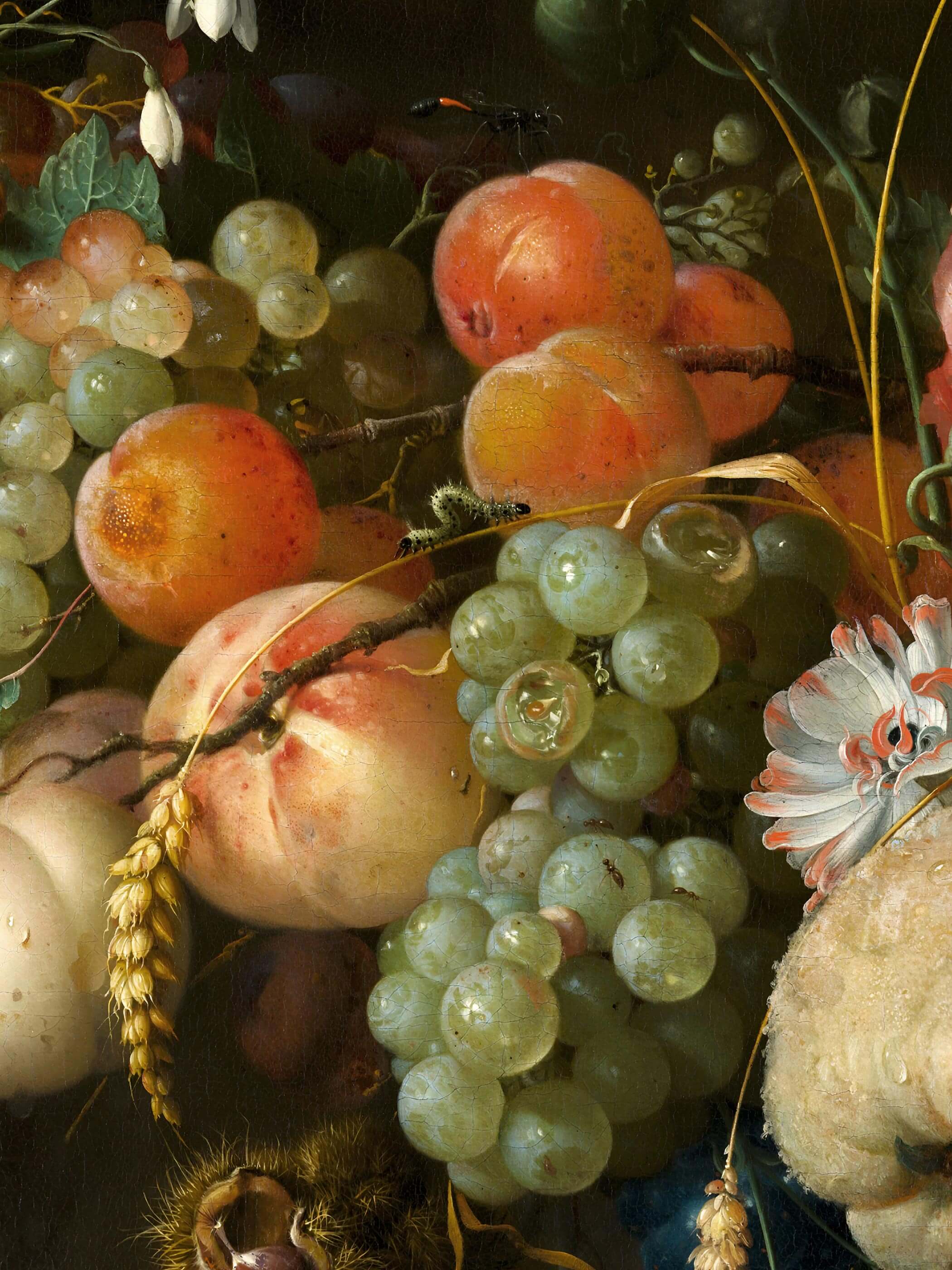 Nahaufnahme der Weintrauben, Pfirsiche und Weizenähren mit einer kleinen Raupe und feinen Wassertropfen auf den Früchten. Die realistische Maltechnik und die changierenden Farbverläufe zeigen die Qualität dieses Barock Kunstdrucks im Detail.