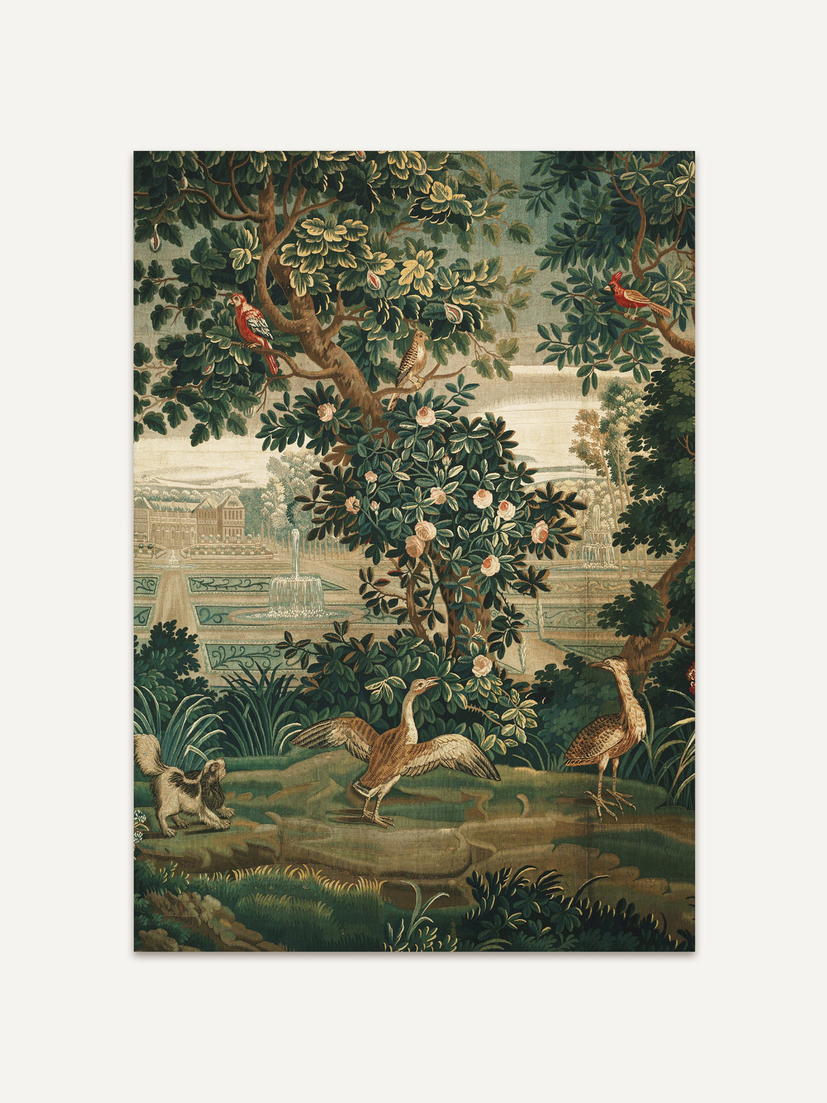 Ein klassischer Gobelin-Kunstdruck zeigt eine idyllische Gartenszene. Zwei Vögel stehen am Boden, während einer seine Flügel ausbreitet. Im Hintergrund sind üppige Bäume mit Blumen und Vögeln sowie ein herrschaftliches Anwesen mit symmetrischen Gärten und Brunnen zu sehen. #Rahmen_Ohne Rahmen