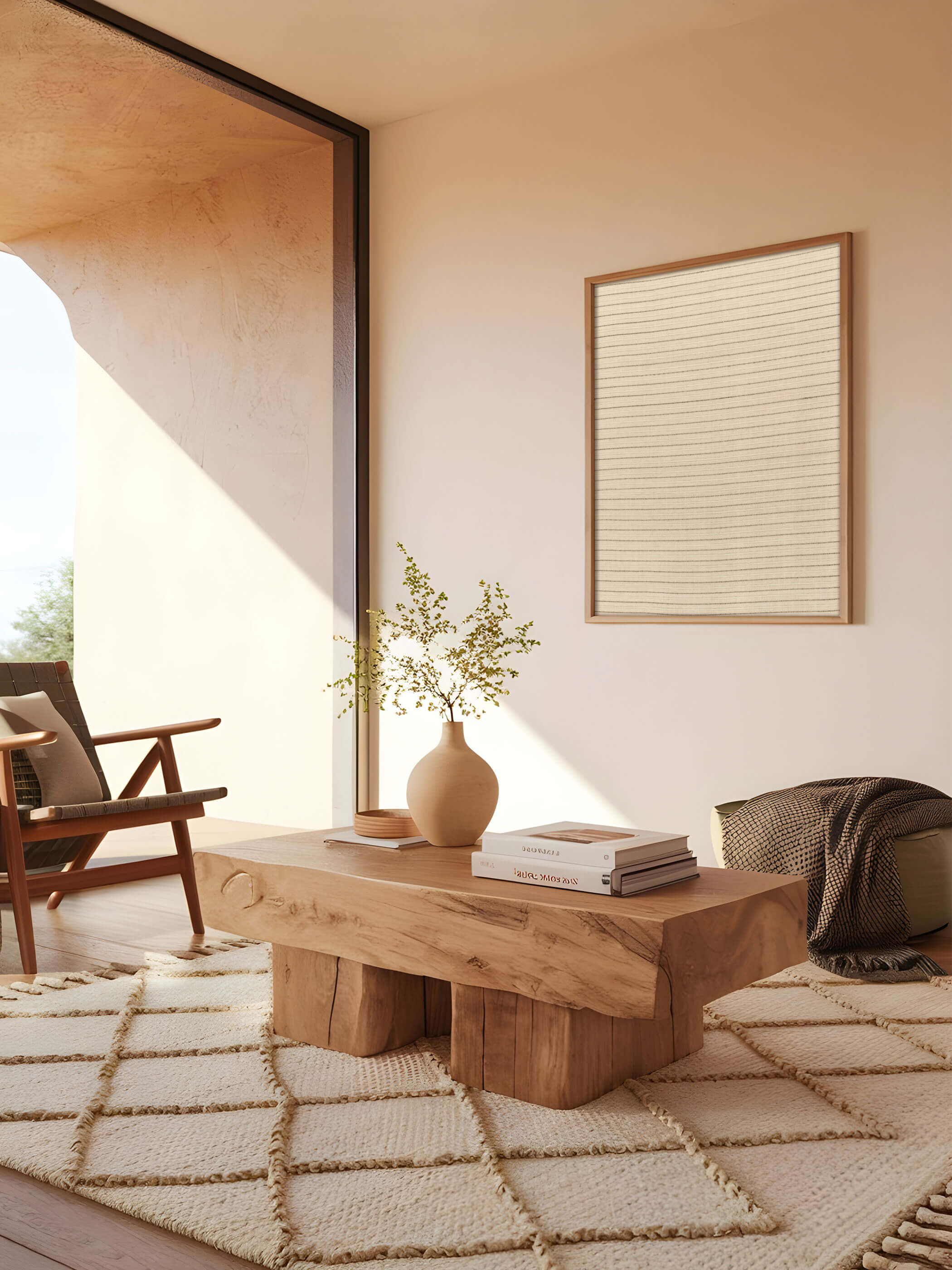 Minimalistisches Wabi-Sabi-Poster in einem natürlichen Holzrahmen, an einer schlichten Wand im Wohnzimmer, dekoriert mit organischen Vasen und einem Holztisch.