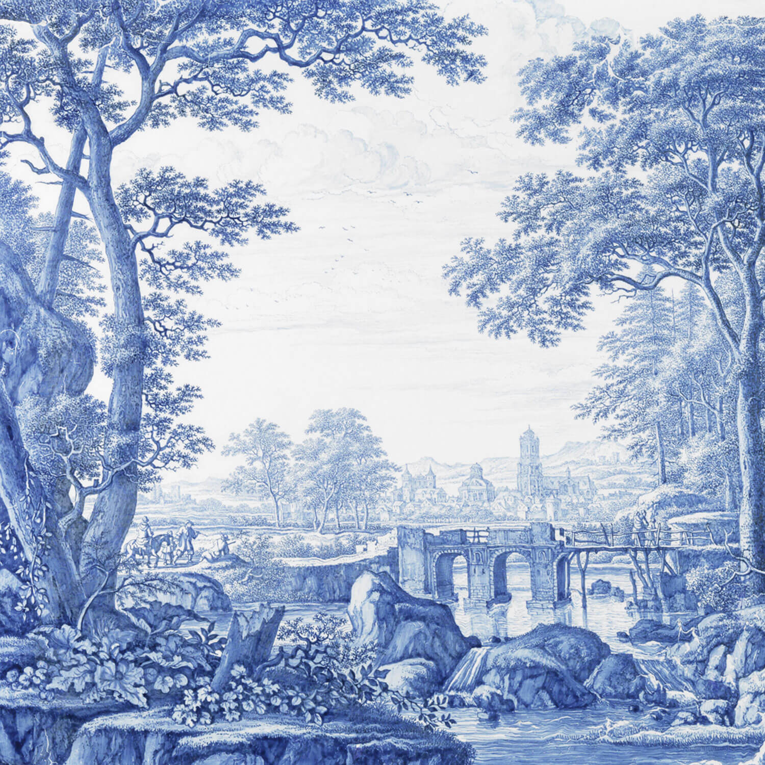 Klassische Landschaftsillustration in Blautönen, die eine Flusslandschaft mit einer steinernen Brücke und dichten Bäumen darstellt. Im Hintergrund ist eine historische Stadt mit Türmen und Gebäuden zu sehen. Der Stil erinnert an traditionelle Chinoiserie und verleiht dem Bild eine nostalgische und ruhige Atmosphäre.
