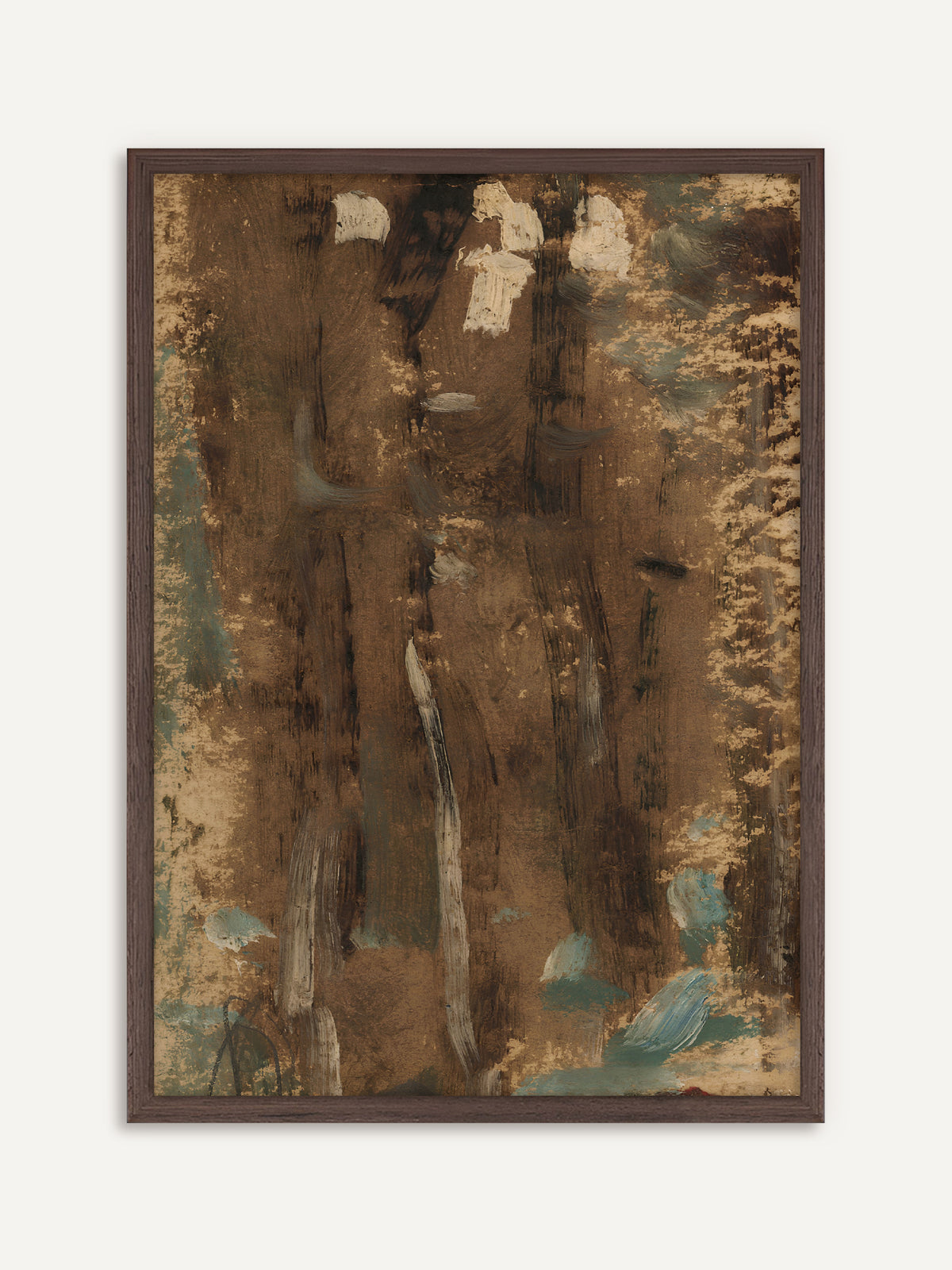 Poster, das breite braune Pinselstriche mit hellen Stämmen, beigen Flecken und türkisblauen Tupfen zeigt, die an einen Wald erinnern. Der Rahmen aus dunklem Holz verstärkt die moody Erdtöne. #Rahmen_Dunkles Holz