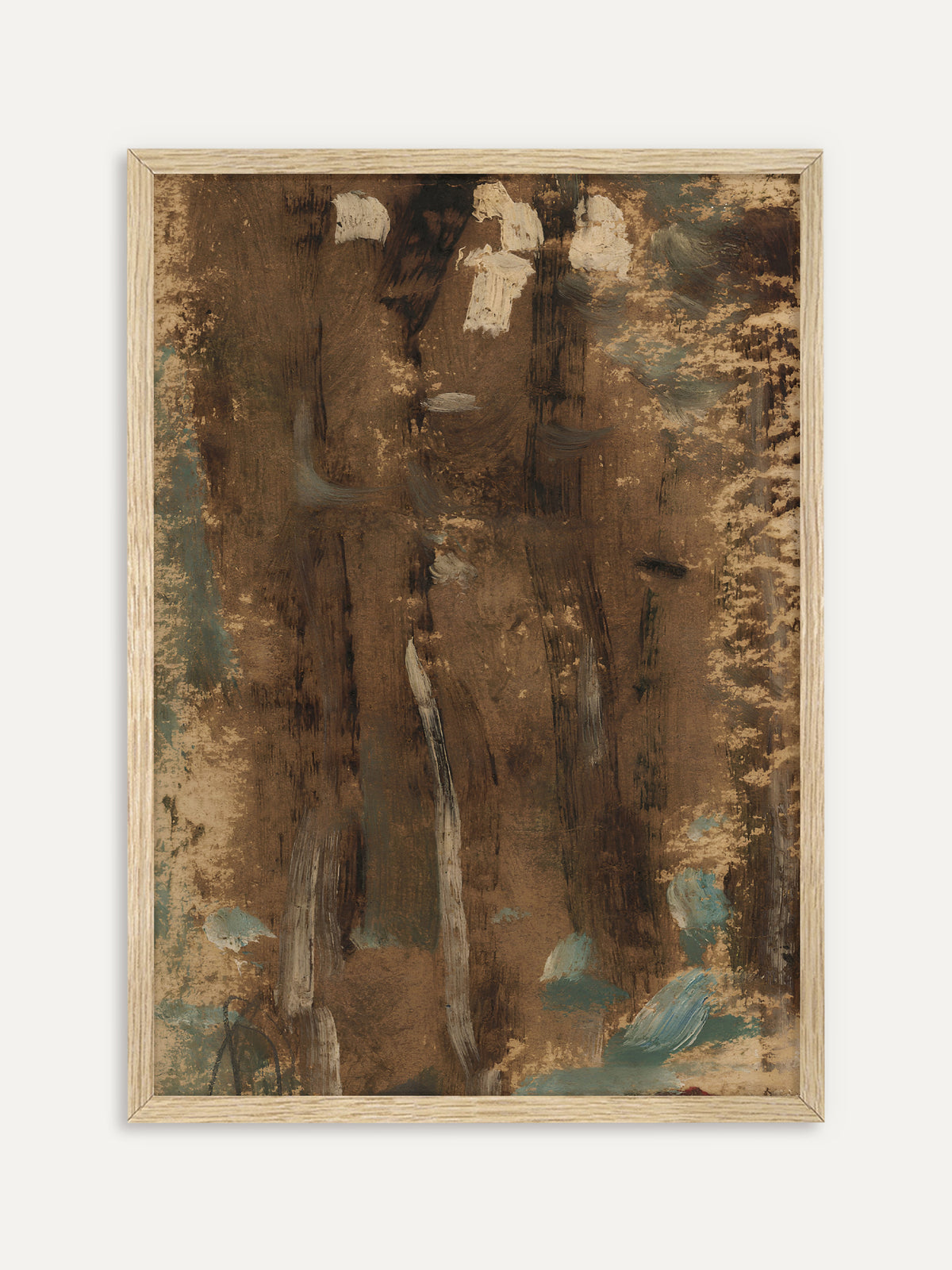 Kunstdruck, der breite braune Pinselstriche mit hellen Stämmen, beigen Flecken und türkisblauen Tupfen zeigt, die an einen Wald erinnern. Im Rahmen aus hellem Holz wirkt das abstrakte Wabi-Sabi-Motiv leicht und natürlich. #Rahmen_Helles Holz