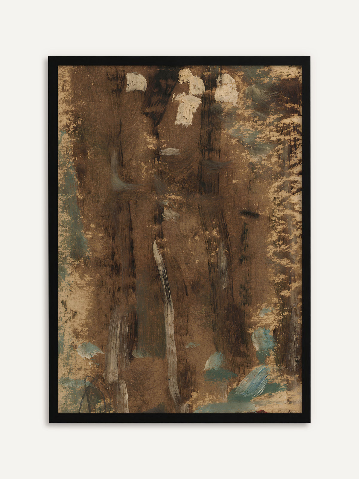 Gerahmtes Poster, das breite braune Pinselstriche mit hellen Stämmen, beigen Flecken und türkisblauen Tupfen zeigt, die an einen Wald erinnern. Mit schwarzem Rahmen wirkt das Vintage-Waldmotiv klar und grafisch. #Rahmen_Schwarz