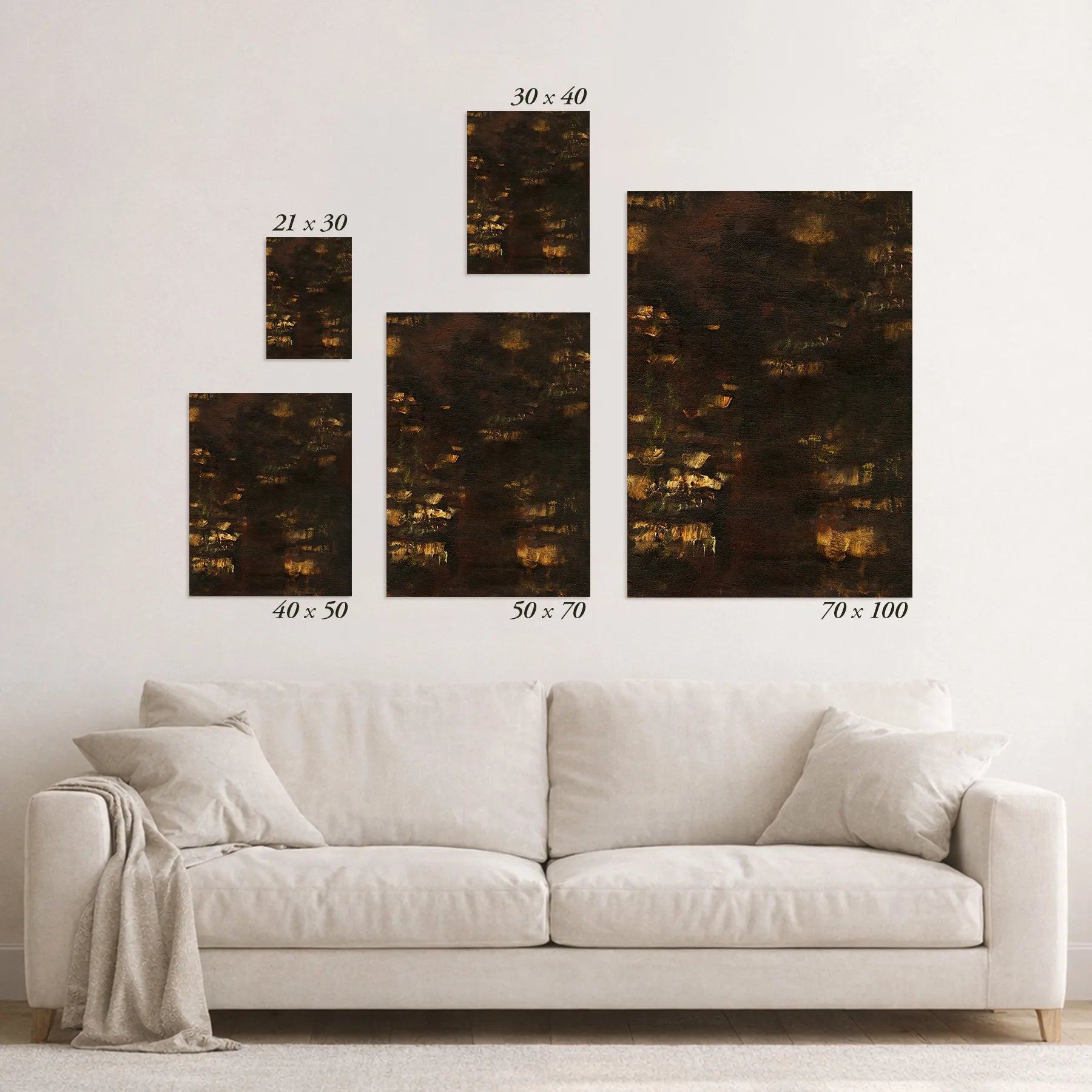 Schematic size overview of the available print formats above a sofa.