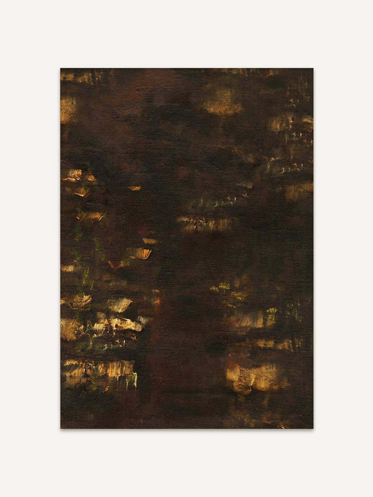 Abstrakter Kunstdruck in dunklen Brauntönen mit goldenen und schwarzen Akzenten, die eine geheimnisvolle und stimmungsvolle Atmosphäre schaffen. Das Kunstwerk zeigt fließende Pinselstriche und sanfte Farbverläufe, die eine tiefe, texturreiche Komposition bilden. #Rahmen_Ohne Rahmen