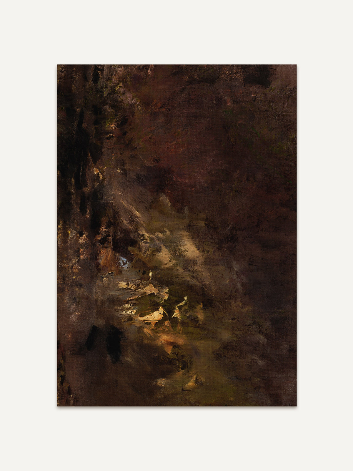 Dunkler abstrakter Kunstdruck in Erdtönen, der mit tiefen Brauntönen, Schwarz und goldenen Highlights eine mystische und atmosphärische Landschaft andeutet. #Rahmen_Ohne Rahmen