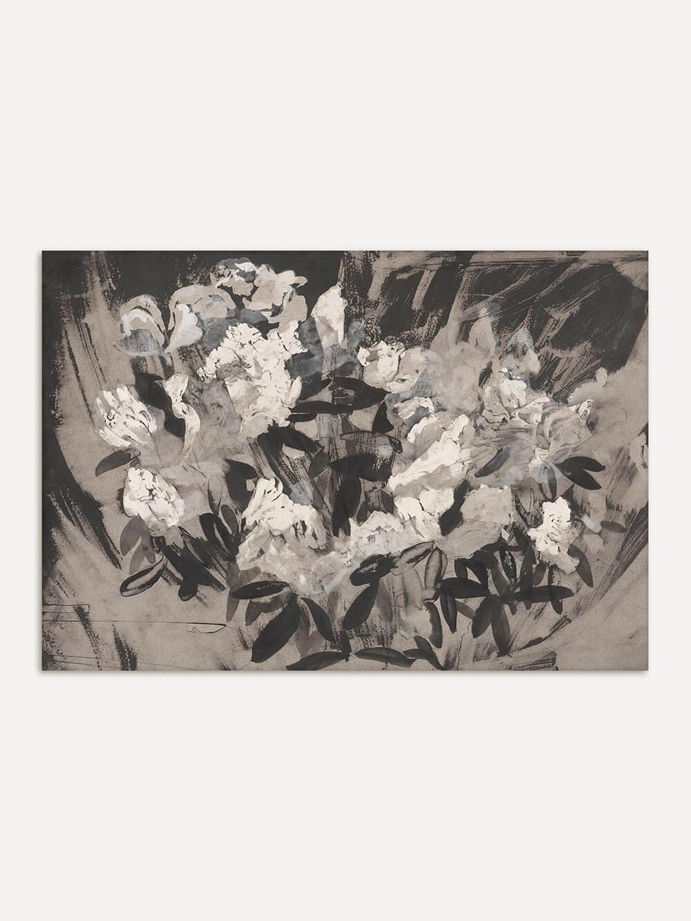 Abstrakter Blumen Kunstdruck mit lockerer Pinselstruktur und pastosen Weißtönen. Der expressive Hintergrund betont die fließende Komposition.