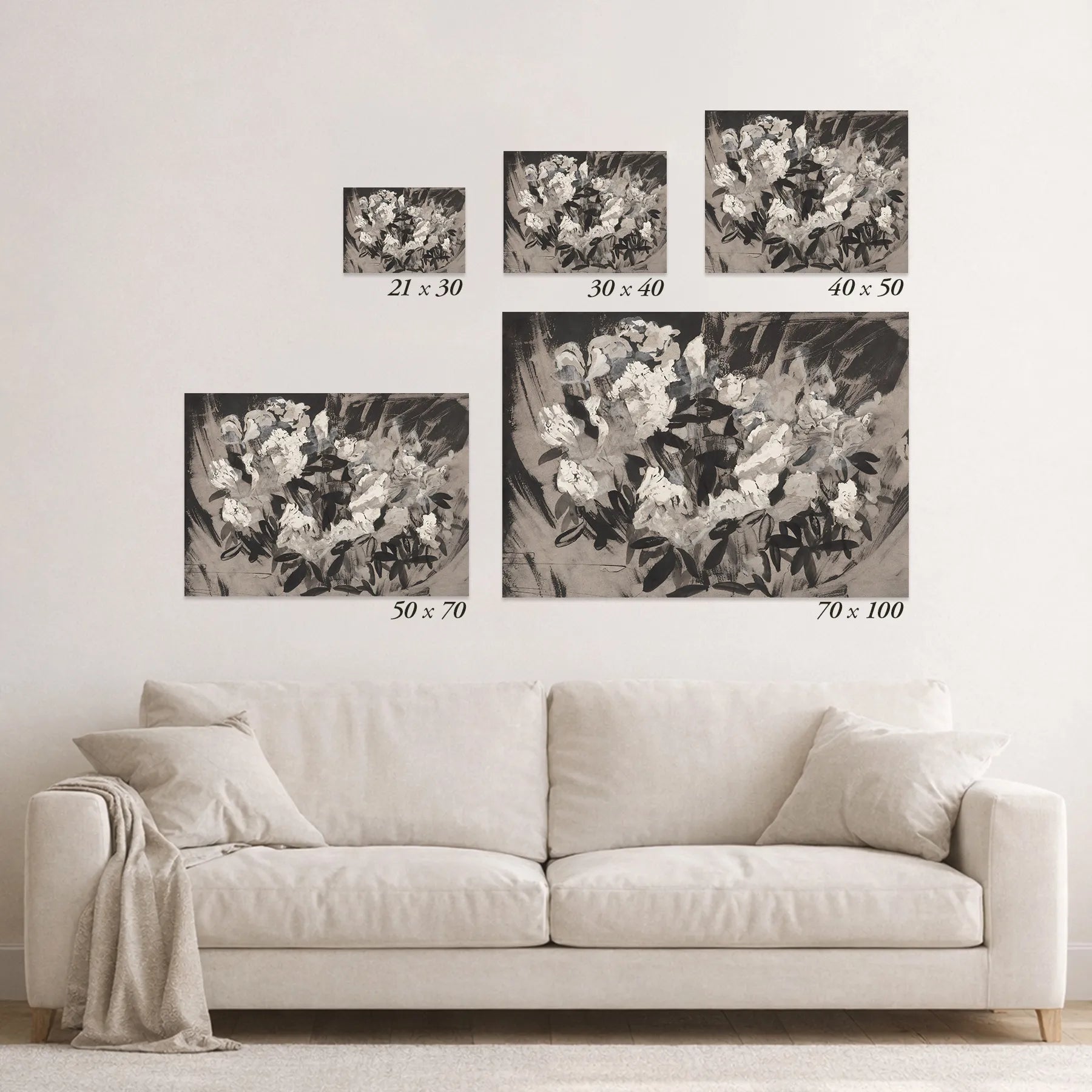 Schematic size overview of the available print formats above a sofa.
