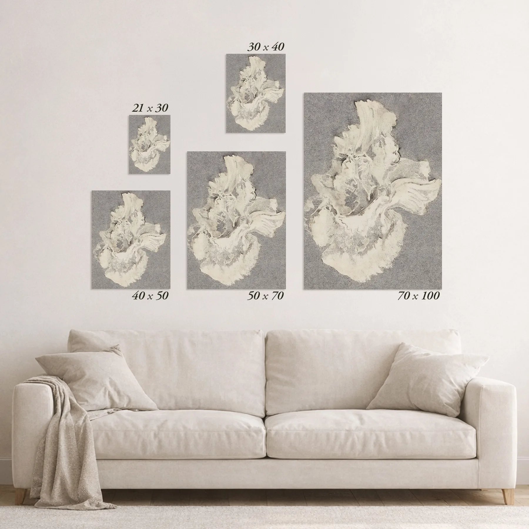 Schematic size overview of the available print formats above a sofa.