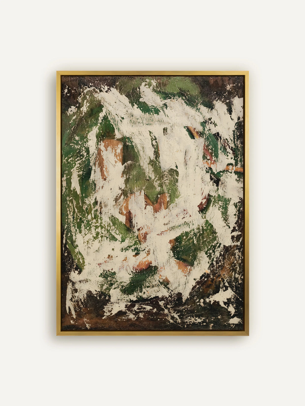 Abstraktes Leinwandbild mit breiten Pinselzügen in Creme, Moosgrün und Ocker auf dunkelbraunem Grund im Schattenfugenrahmen in Gold. Wabi Sabi Wandbild nach Alfred Henry Maurer. #Rahmen_Gold