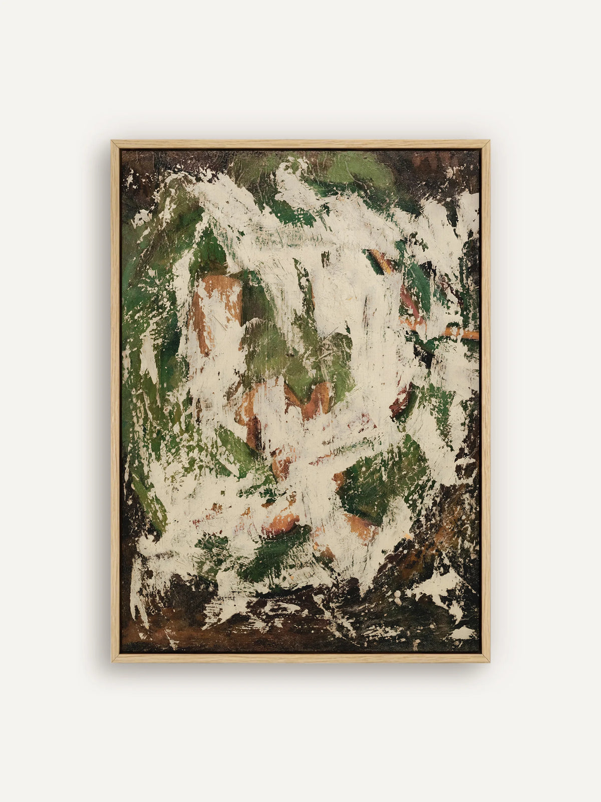Abstraktes Leinwandbild mit breiten Pinselzügen in Creme, Moosgrün und Ocker auf dunkelbraunem Grund im Schattenfugenrahmen in Natur. Wabi Sabi Wandbild nach Alfred Henry Maurer. #Rahmen_Natur