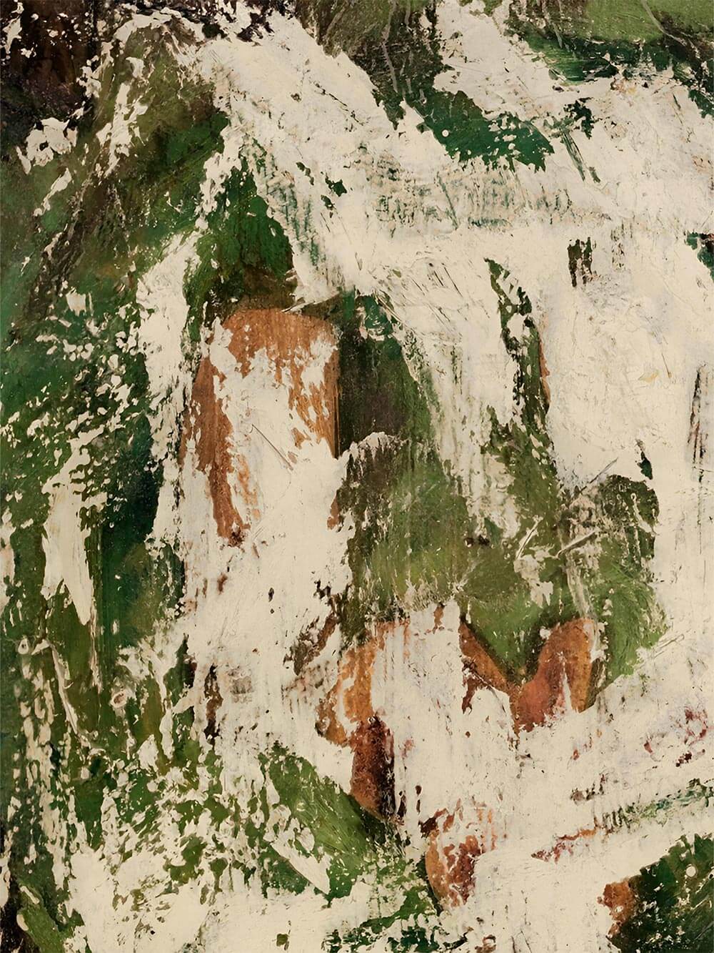 Nahaufnahme des abstrakten Kunstdrucks mit groben, sichtbaren Pinselstrukturen in Grün, Off-White und erdigen Brauntönen. Die organische Textur verleiht dem Kunstdruck Tiefe und Charakter und unterstreicht den Wabi Sabi Stil sowie die handwerkliche Anmutung moderner Kunst.