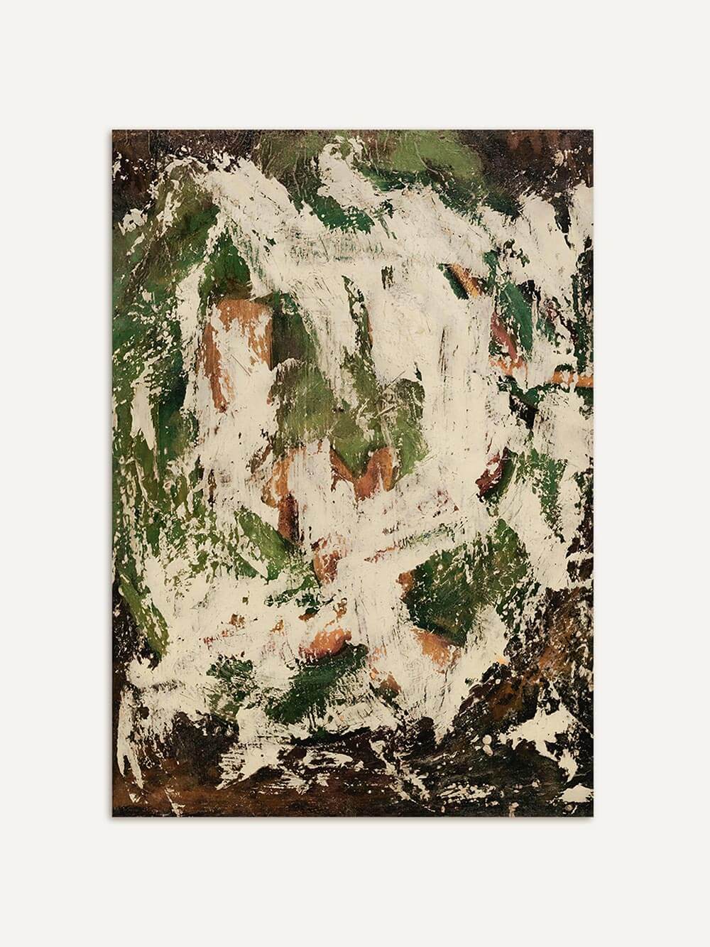 Abstrakter Kunstdruck mit strukturierter Malerei in Grün, Creme und erdigen Akzenten vor hellem Hintergrund. Das Wandbild verbindet moderne Abstraktion mit Wabi Sabi Ästhetik und eignet sich als zeitloses Poster für ruhige, natürliche Raumkonzepte.