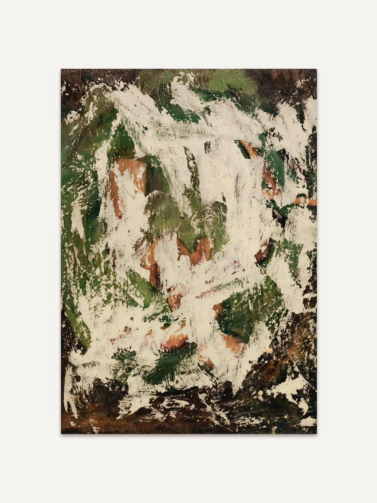 Abstrakter Kunstdruck mit strukturierter Malerei in Grün, Creme und erdigen Akzenten vor hellem Hintergrund. Das Wandbild verbindet moderne Abstraktion mit Wabi Sabi Ästhetik und eignet sich als zeitloses Poster für ruhige, natürliche Raumkonzepte. #Rahmen_Ohne Rahmen