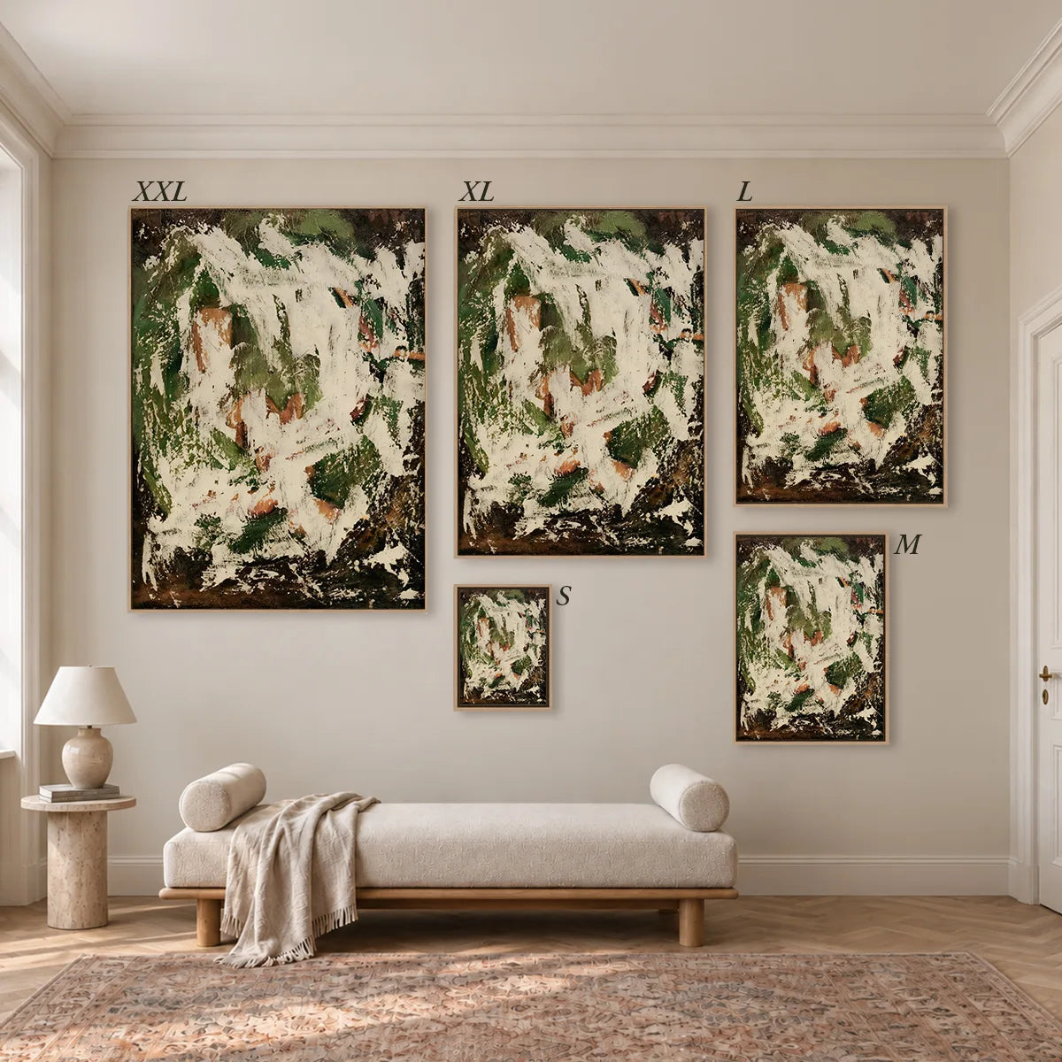 Größenübersicht der fünf Leinwandformate S bis XXL im Raum, von 34 × 44 cm bis 105 × 143 cm.