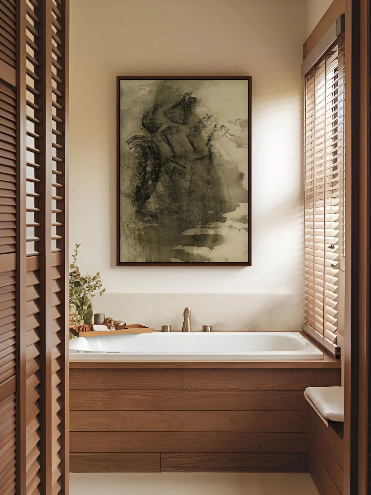 Abstraktes Leinwandbild in Oliv und Schwarz im braunen Rahmen über einer holzverkleideten Badewanne zwischen Fensterläden aus Holz. Das Wabi Sabi Wandbild passt zu den warmen Holztönen des Badezimmers.