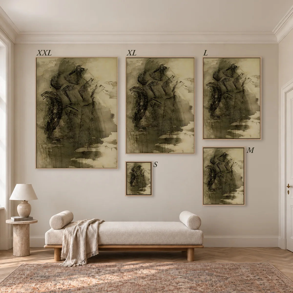 Größenübersicht der fünf Leinwandformate S bis XXL im Raum, von 34 × 44 cm bis 105 × 143 cm.