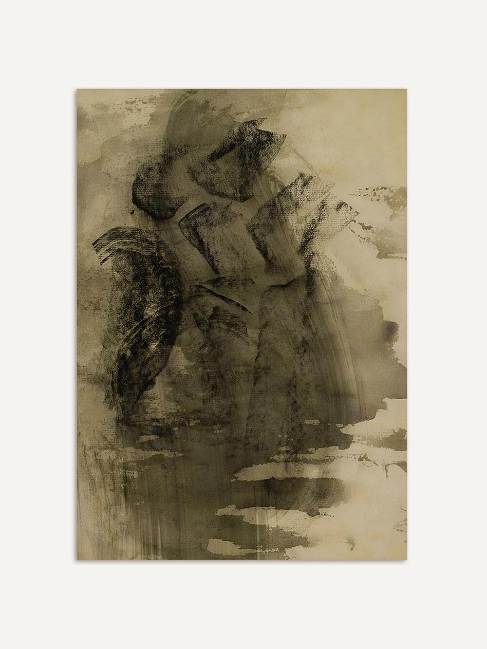 Abstrakter Kunstdruck in Oliv- und Beigetönen mit rauer, wabi-sabi-inspirierter Pinseltextur. Der Hintergrund ist dezent gealtert und warm getönt.