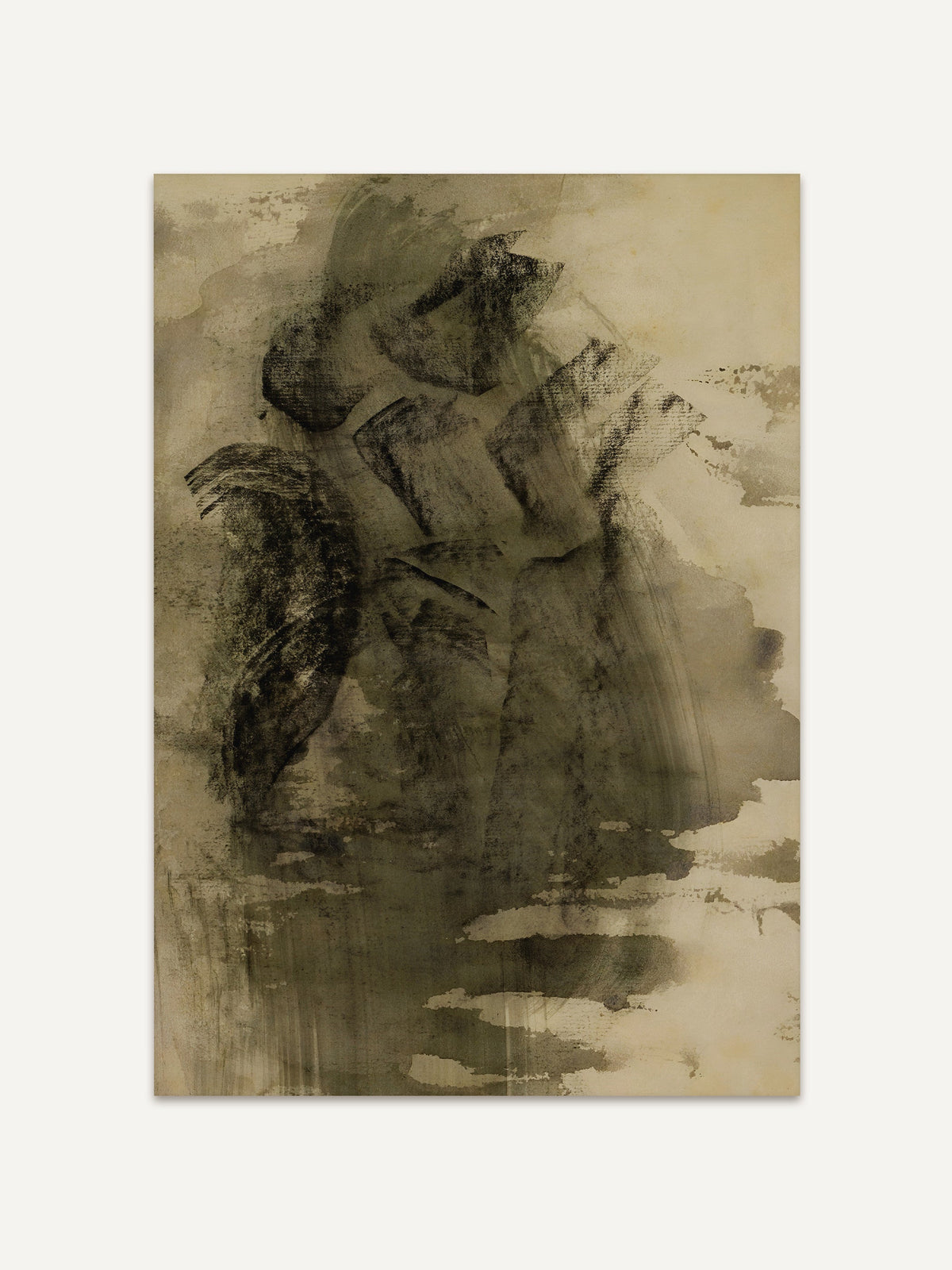 Abstrakter Kunstdruck in Oliv- und Beigetönen mit rauer, wabi-sabi-inspirierter Pinseltextur. Der Hintergrund ist dezent gealtert und warm getönt. #Rahmen_Ohne Rahmen