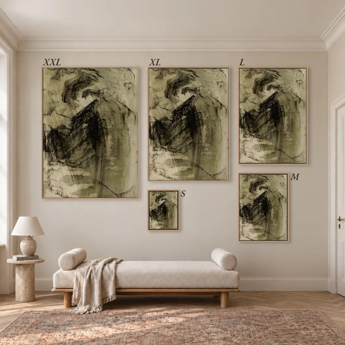 Größenübersicht der fünf Leinwandformate S bis XXL im Raum, von 34 × 44 cm bis 105 × 143 cm.