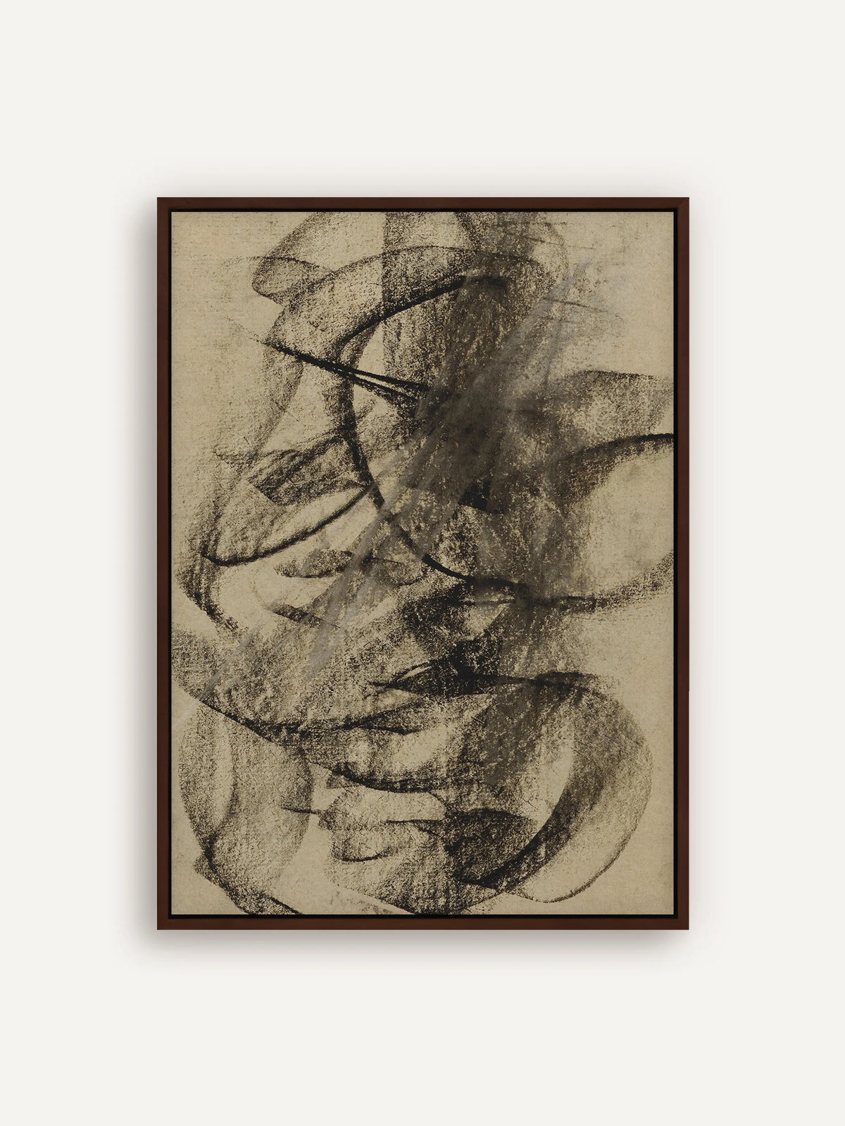 Abstraktes Leinwandbild mit schwungvollen schwarzen Kreidelinien auf warmem Sepiagrund im Schattenfugenrahmen in Braun. Wabi Sabi Wandbild nach Carel Adolph Lion Cachet. #Rahmen_Braun