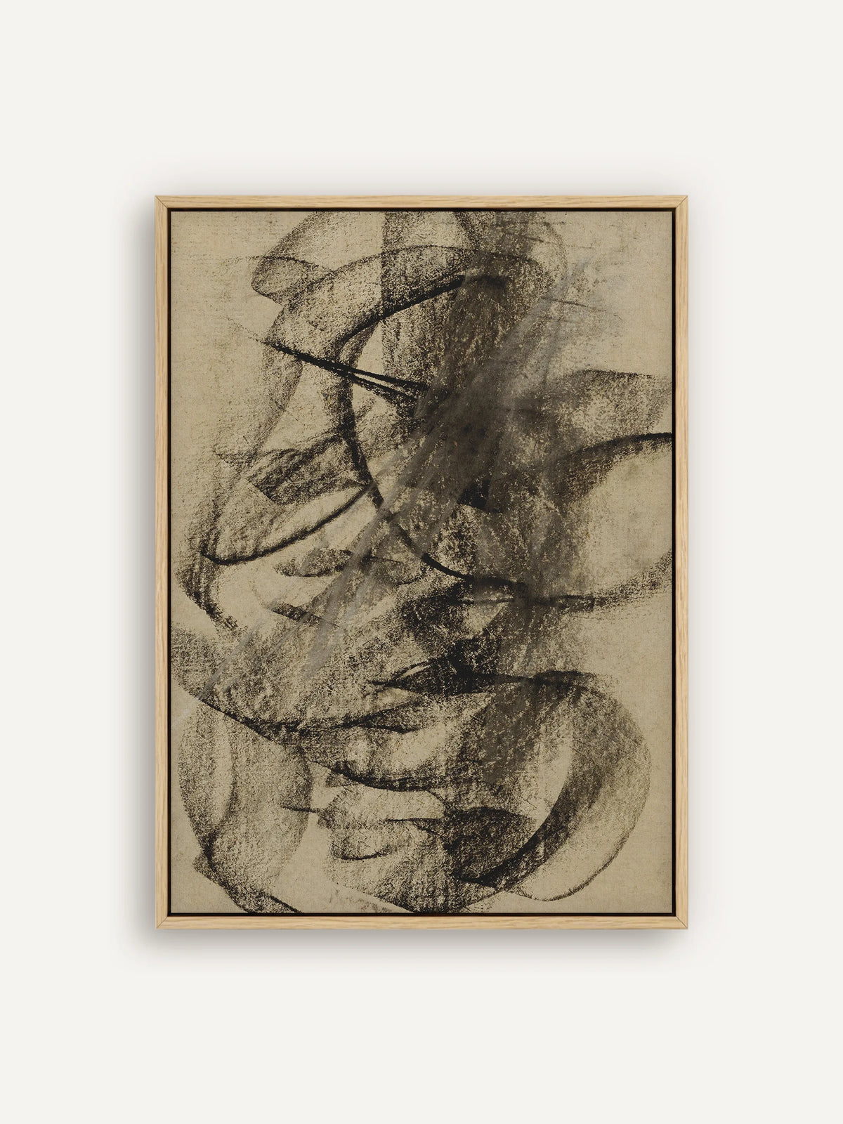 Abstraktes Leinwandbild mit schwungvollen schwarzen Kreidelinien auf warmem Sepiagrund im Schattenfugenrahmen in Natur. Wabi Sabi Wandbild nach Carel Adolph Lion Cachet. #Rahmen_Natur