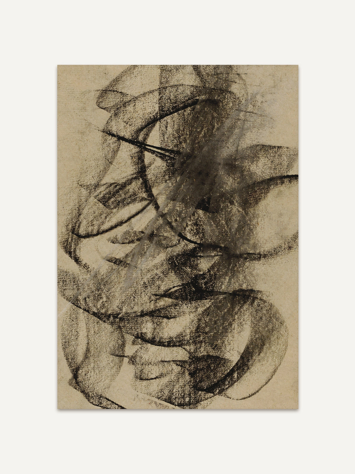Abstrakter Wabi-Sabi Kunstdruck mit skizzenhaften, schwarzen Linien auf beigefarbenem Hintergrund. Die schwungvolle Komposition wirkt handgemacht und strahlt eine ruhige, moderne Ästhetik aus. #Rahmen_Ohne Rahmen