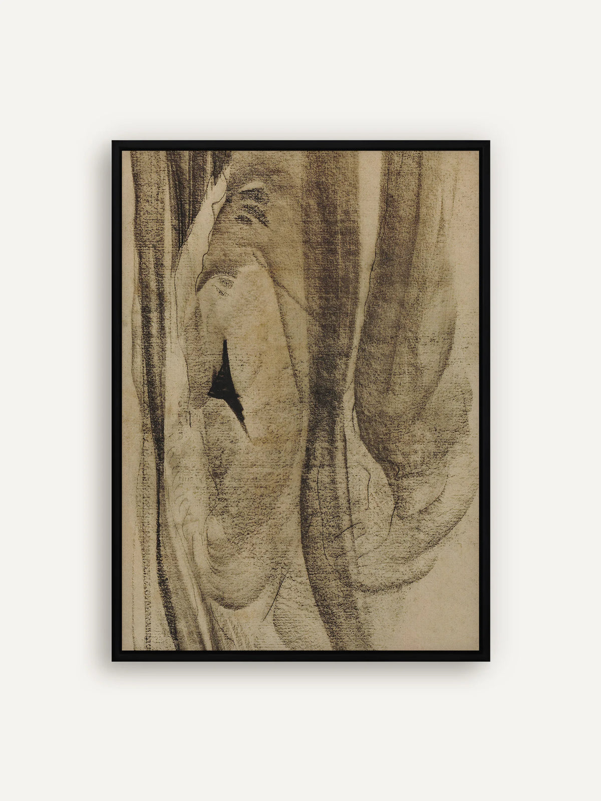 Abstraktes Leinwandbild mit weichen Kreideflächen in Sepia und Braun, feinen Konturlinien und einem schwarzen Akzent im Schattenfugenrahmen in Schwarz. Wabi Sabi Wandbild nach Carel Adolph Lion Cachet. #Rahmen_Schwarz