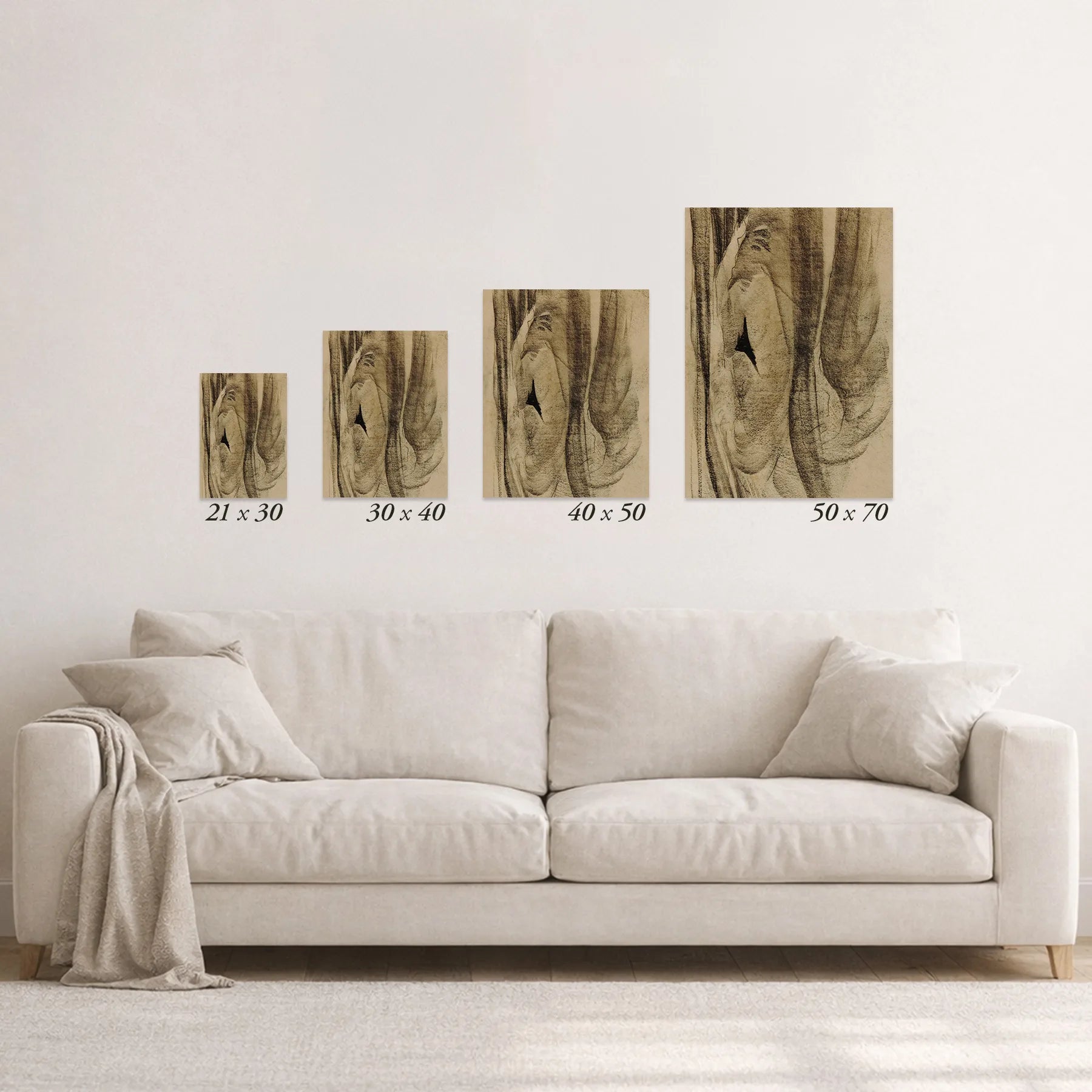 Schematische Größenübersicht der verfügbaren Formate über einem Sofa.