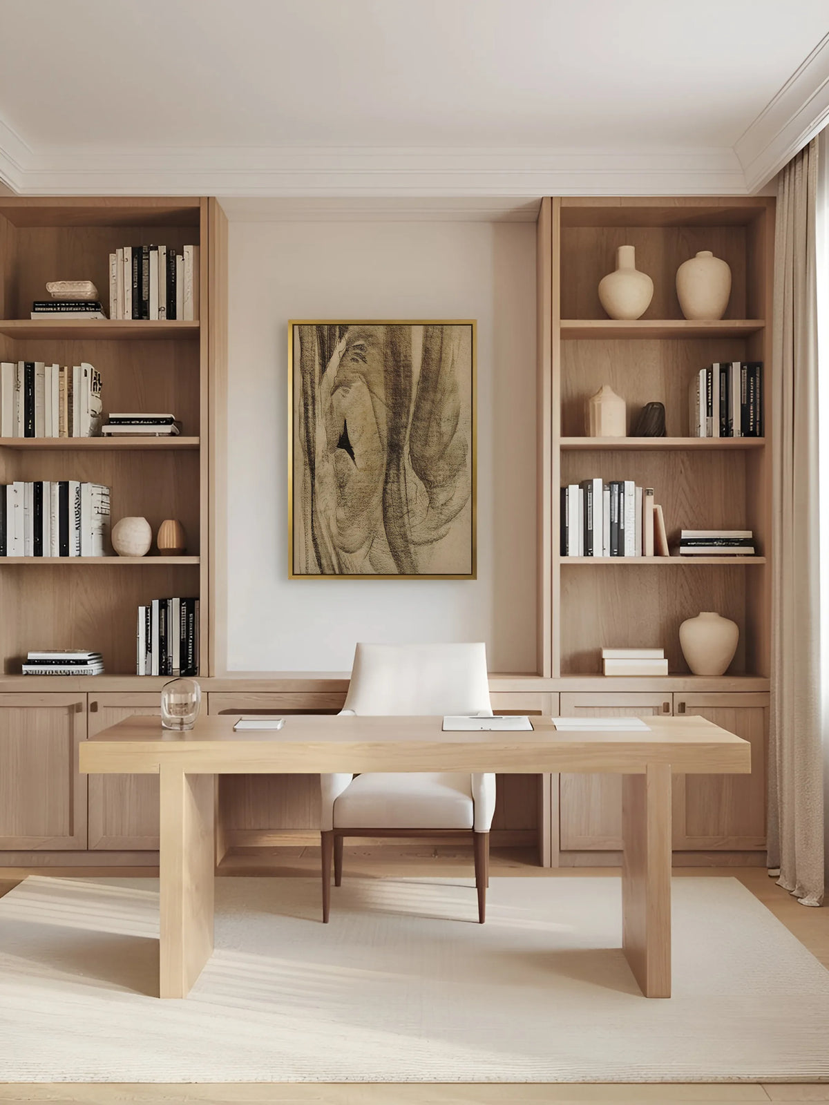 Abstraktes Leinwandbild in Sepia im Goldrahmen zwischen Regalen aus hellem Holz über einem Schreibtisch mit weißem Stuhl. Das Wabi Sabi Wandbild setzt einen ruhigen Akzent im Arbeitszimmer.