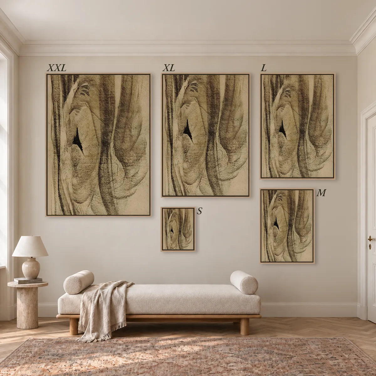 Größenübersicht der fünf Leinwandformate S bis XXL im Raum, von 34 × 44 cm bis 105 × 143 cm.
